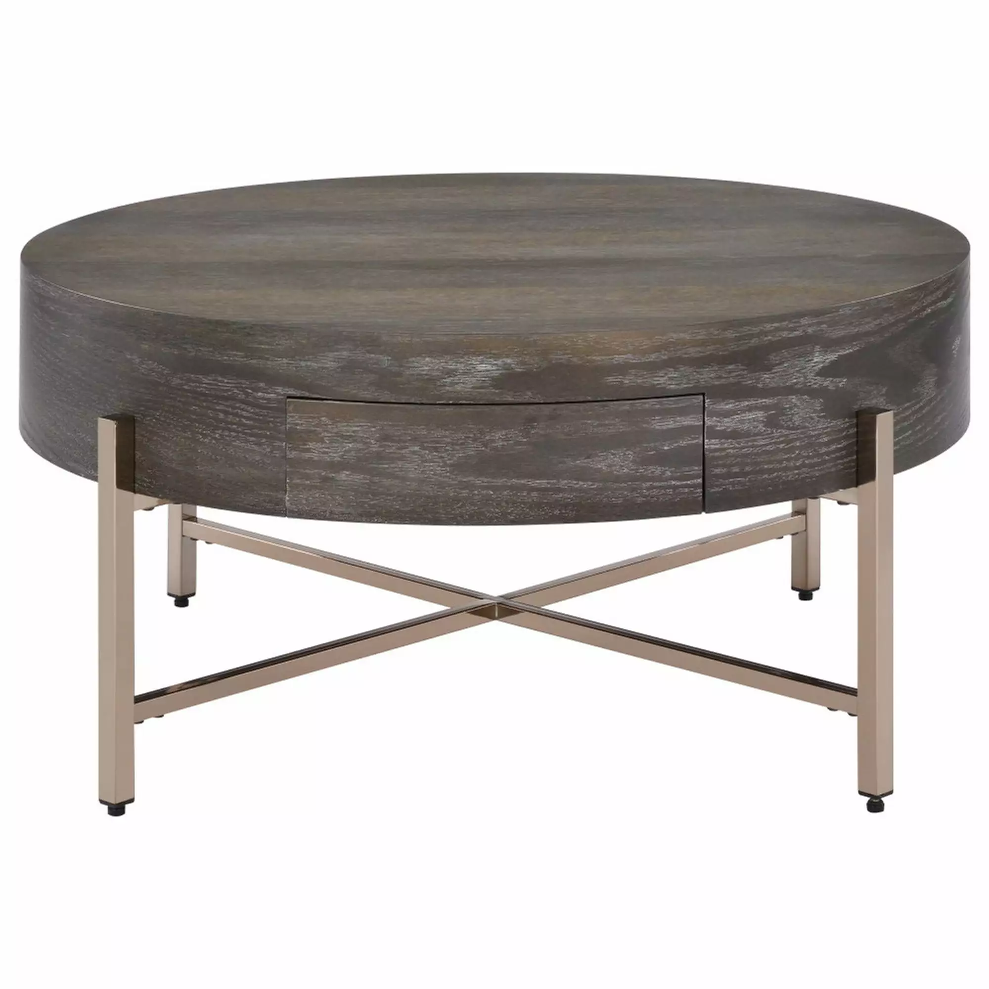 1 Drawer Round Modern Coffee Table with Crossed Metal Legs. Brown and Gold