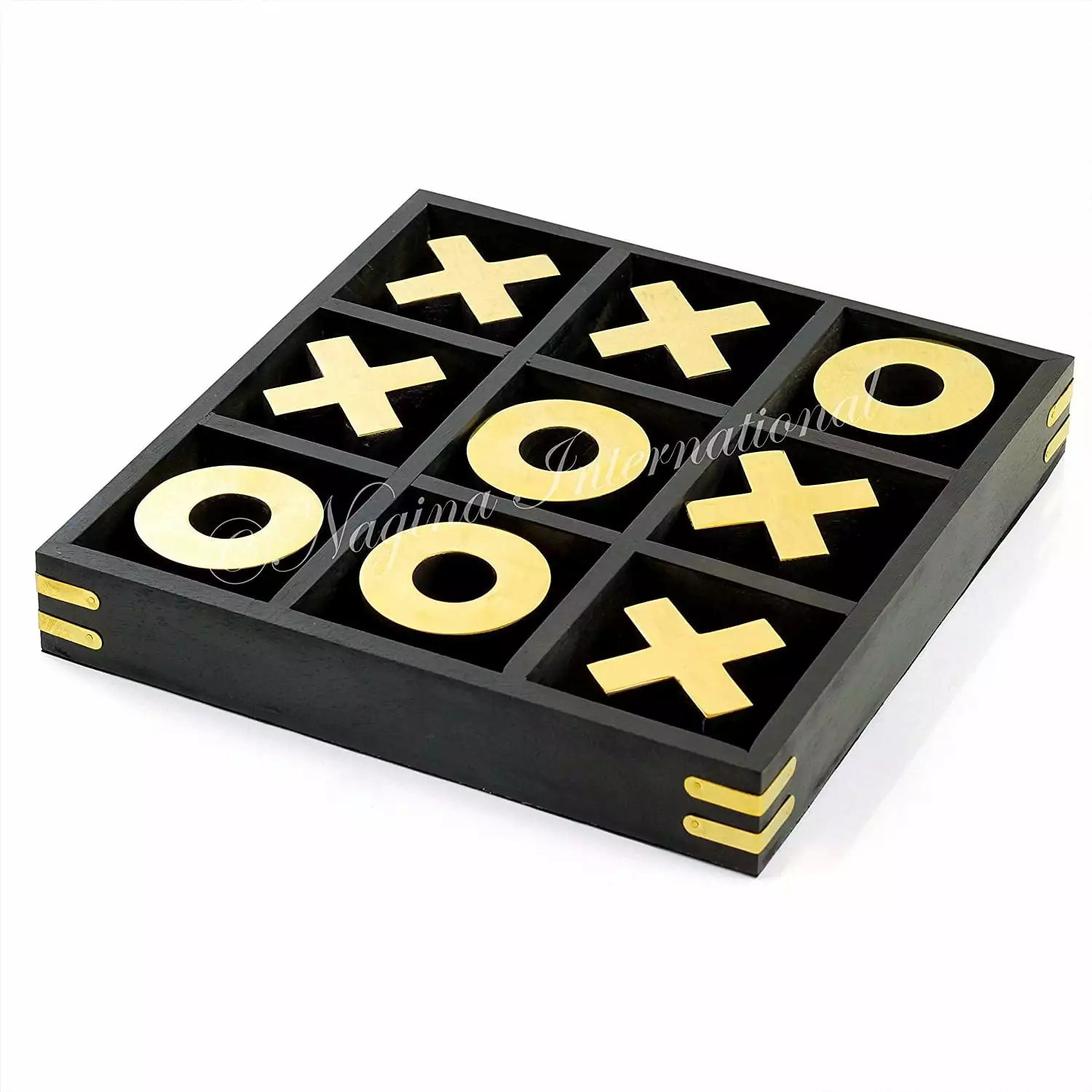 10 Large Elegant Premium Black Tic Tac Toe Board Game | Wooden Puzzle Game | Coffee Table Wooden Decor Games | Lightweight Gold Plated Pieces