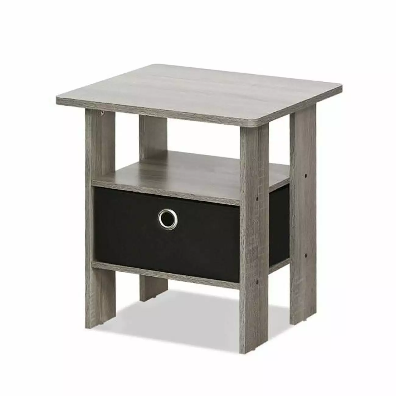 11157GYW-BK End Table Bedroom Night Stand with Bin Drawer. French Oak Grey & Black