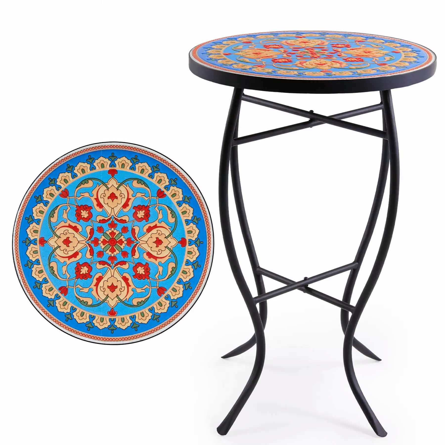 14 Side Table with Ceramic Tile Mosaic Top & Metal Frame for Outdoor Patio Faberge