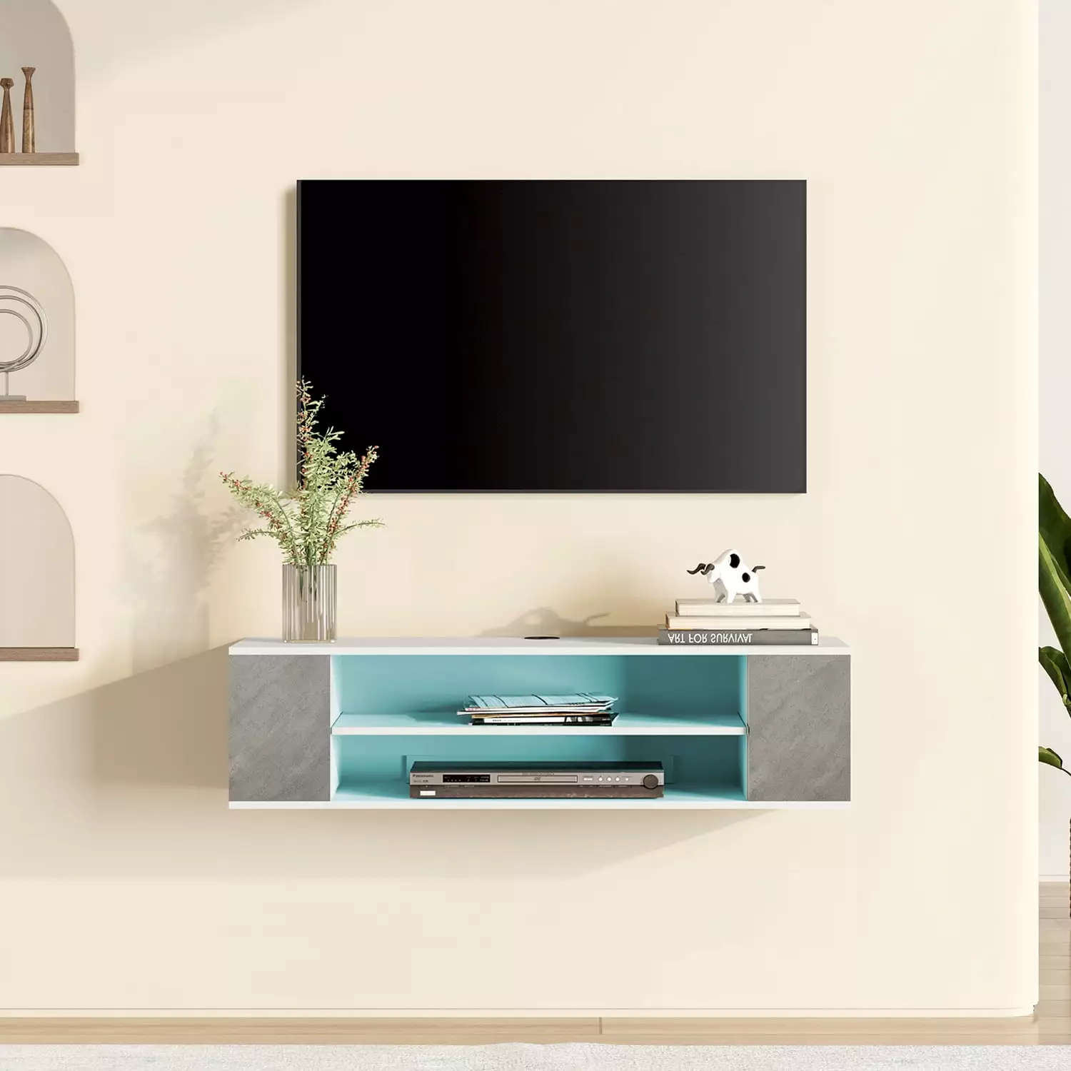 16-Color Light Floating TV Stand Wall Mounted. Modern Floating Media Storage Shelves TV for Wall. 39.3 inch. WhiteGrey