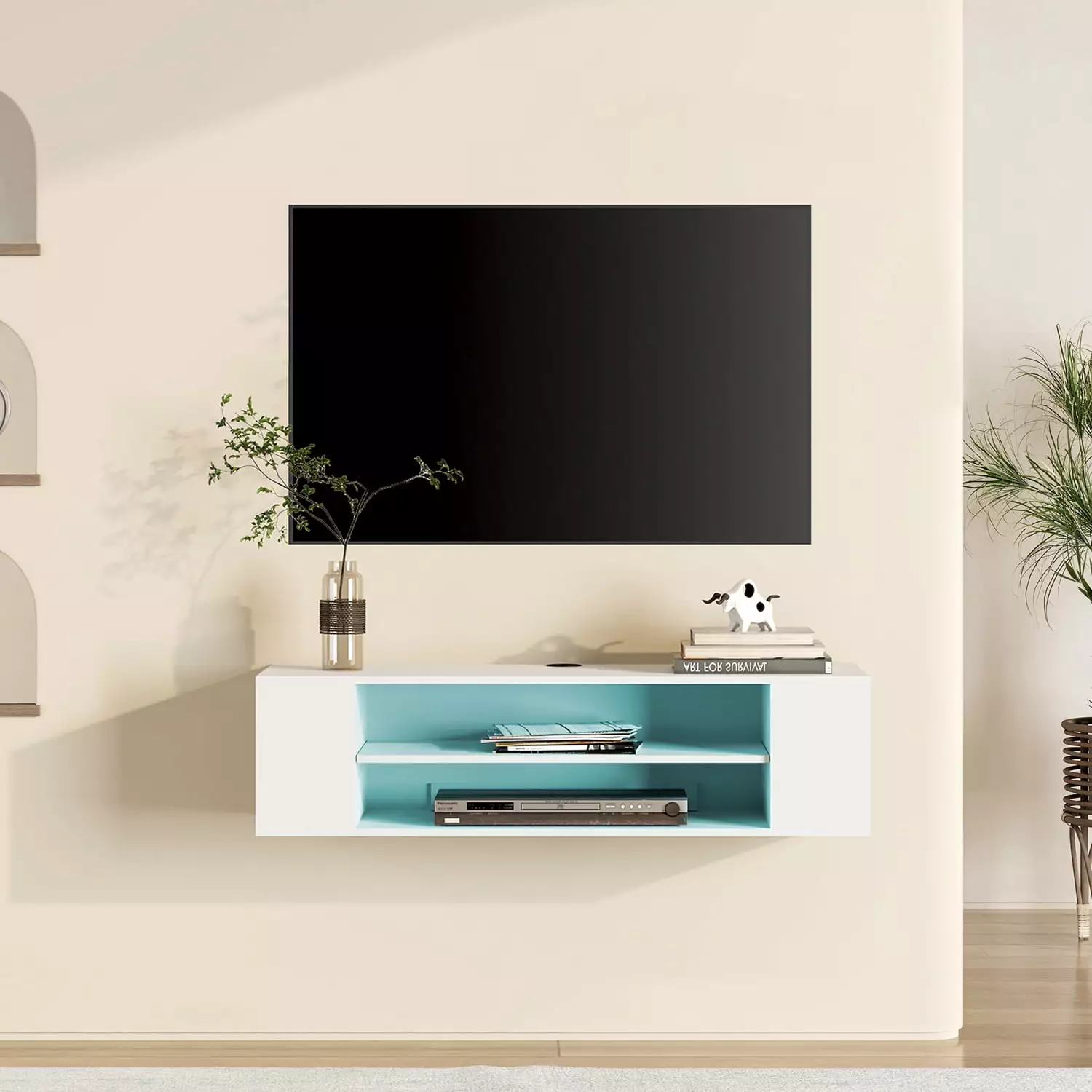 16-Color Light Floating TV Stand Wall Mounted. Modern Floating Media Storage Shelves TV for Wall. 39.3 inch. White