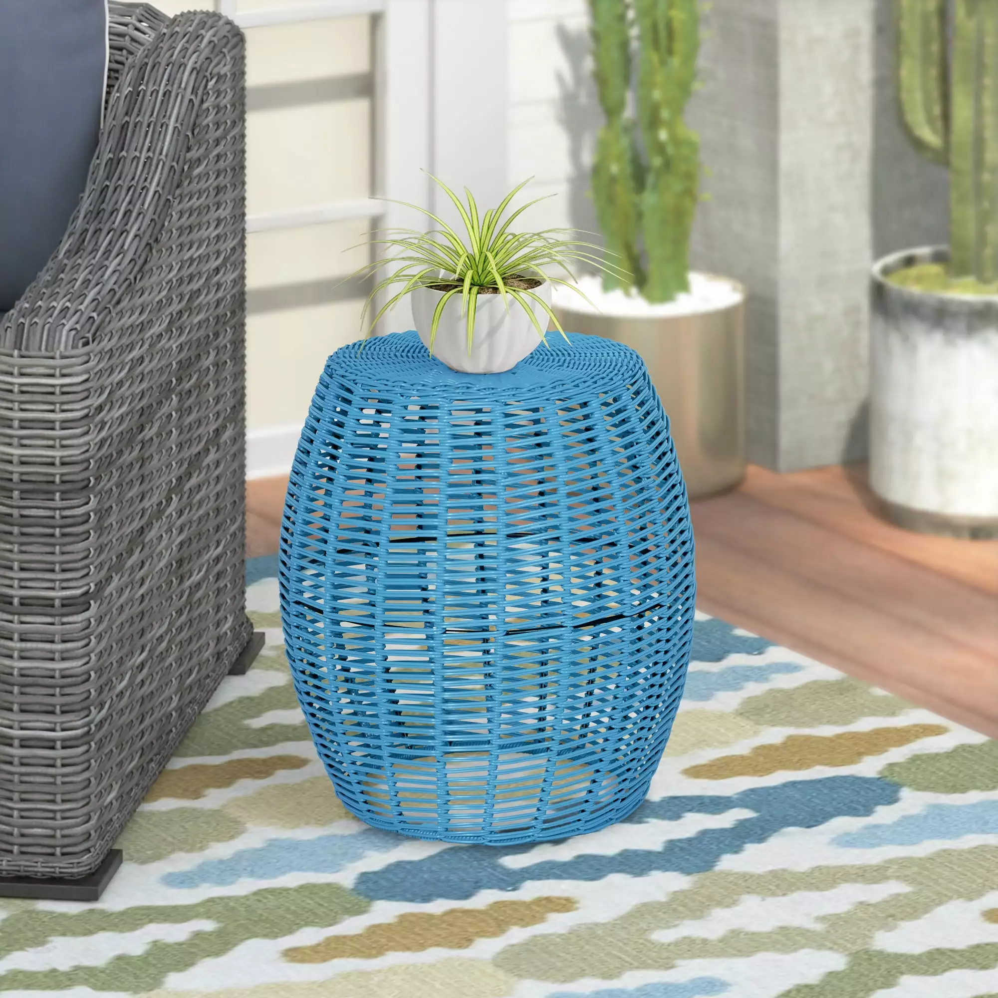 16in Wicker Outdoor Side Table - Blue