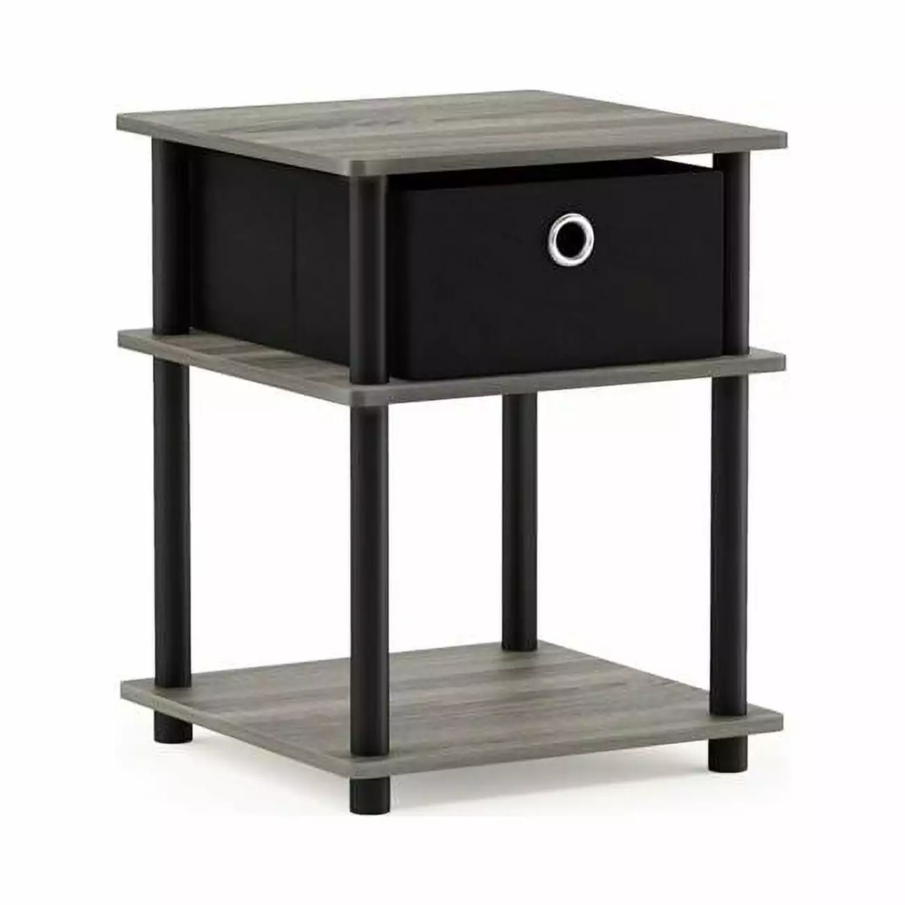 18063GYW-BK-BK Turn-N-Tube 3-Tier End Table with Storage Bin - French Oak Grey. Black & Black