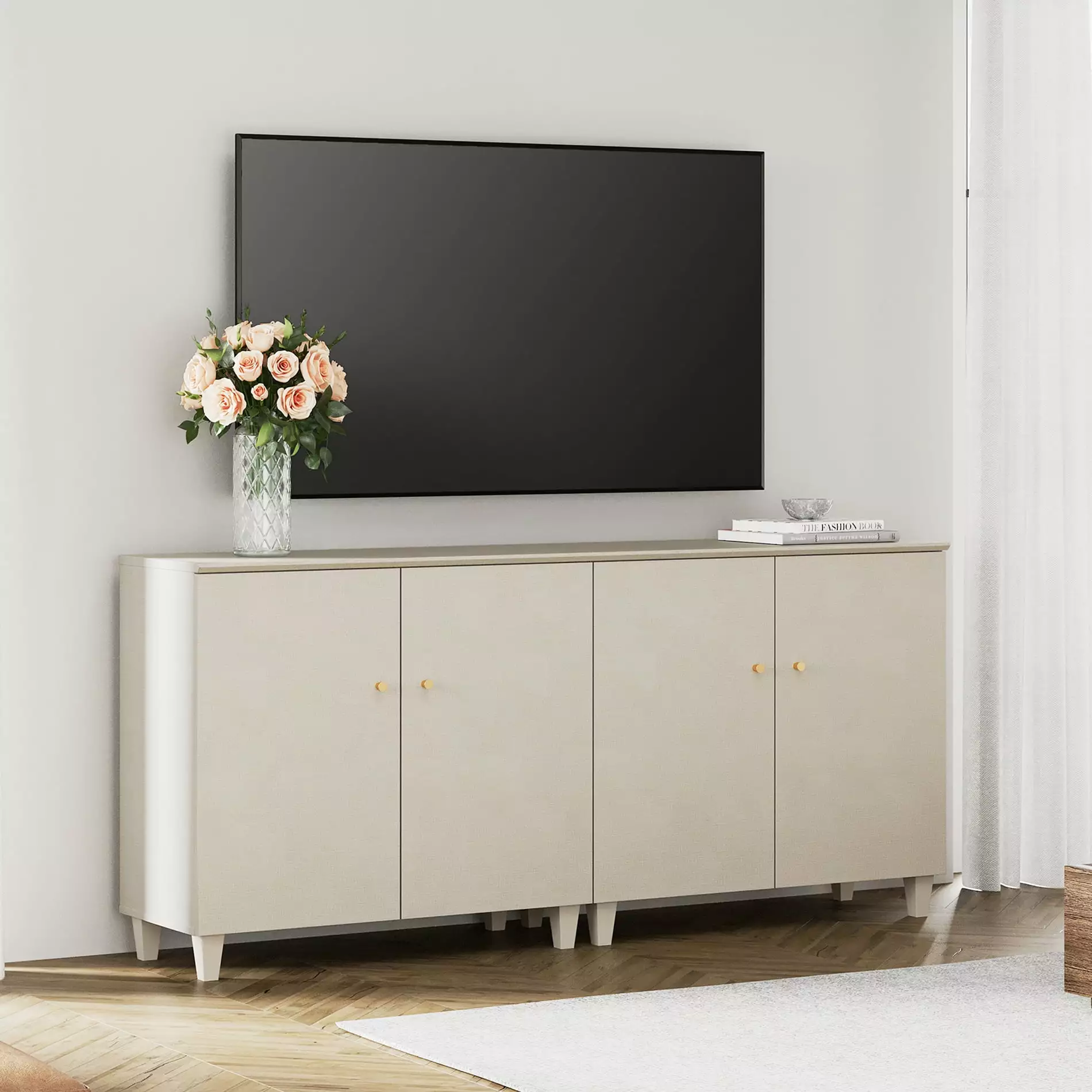 2-In-1 Wood Entertainment Center with Doors for 75 Inch TVs. Beige TV Stand Cabinets with 6 Storage Compartments. 2 Cabinets in 1 Pack