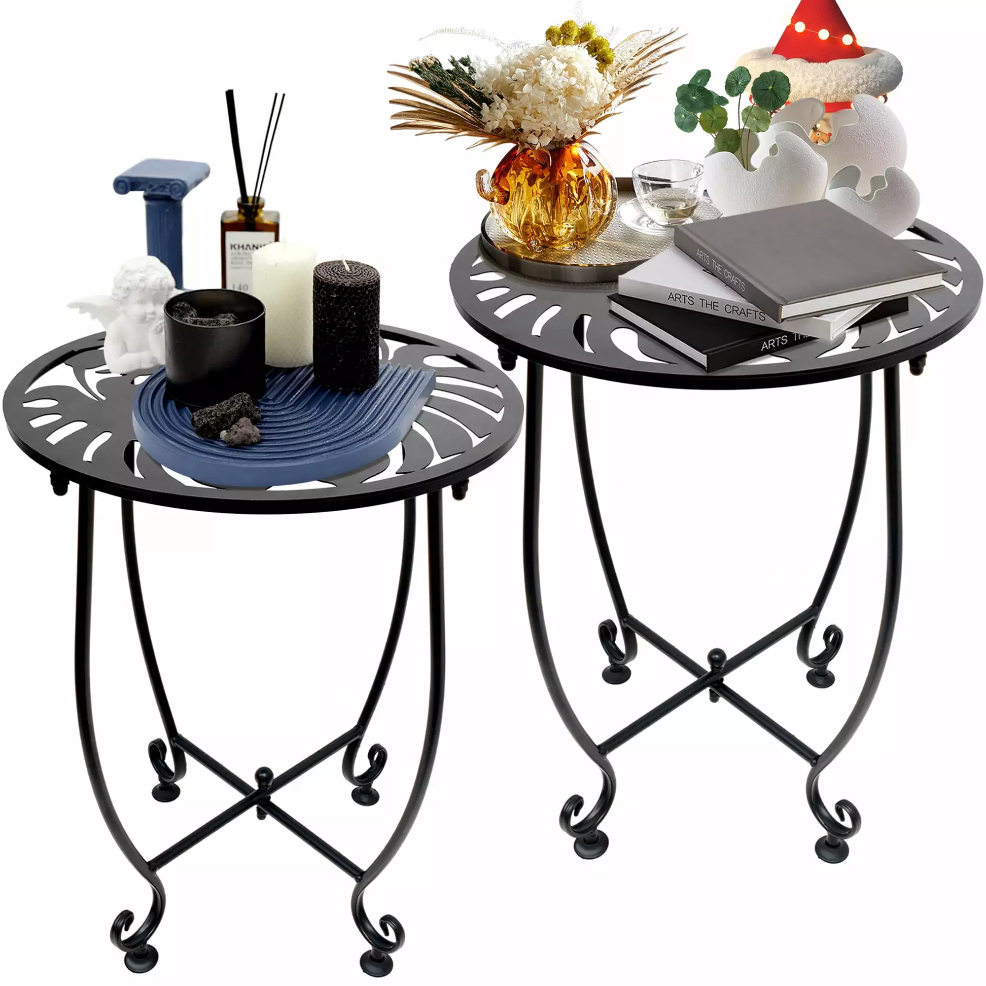 2 Pack Outdoor Indoor Side Tables.14 Round Patio Side Table. Weather Resistant Metal Outdoor End Table Side Table for Patio Balcony Yard Porch Garden Bedside. Plant Stand for Indoor Outdoor