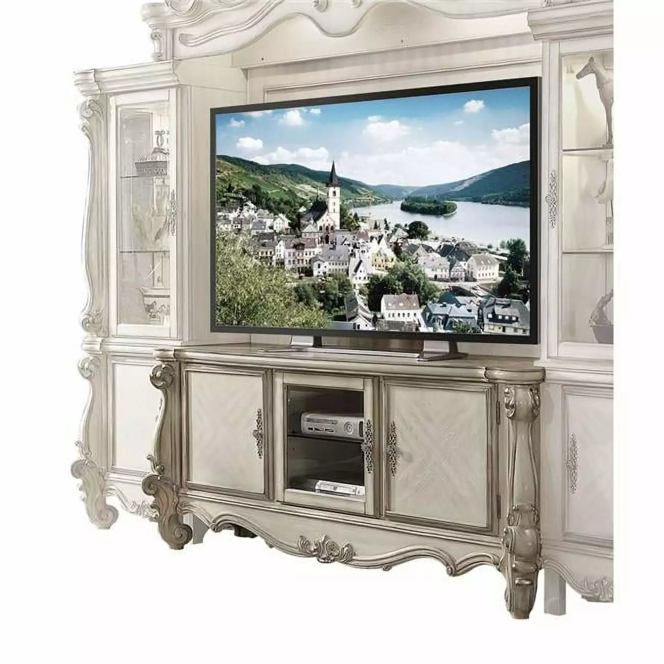 21 X 74 X 31 Bone White Wood Poly Resin Glass Tv Console