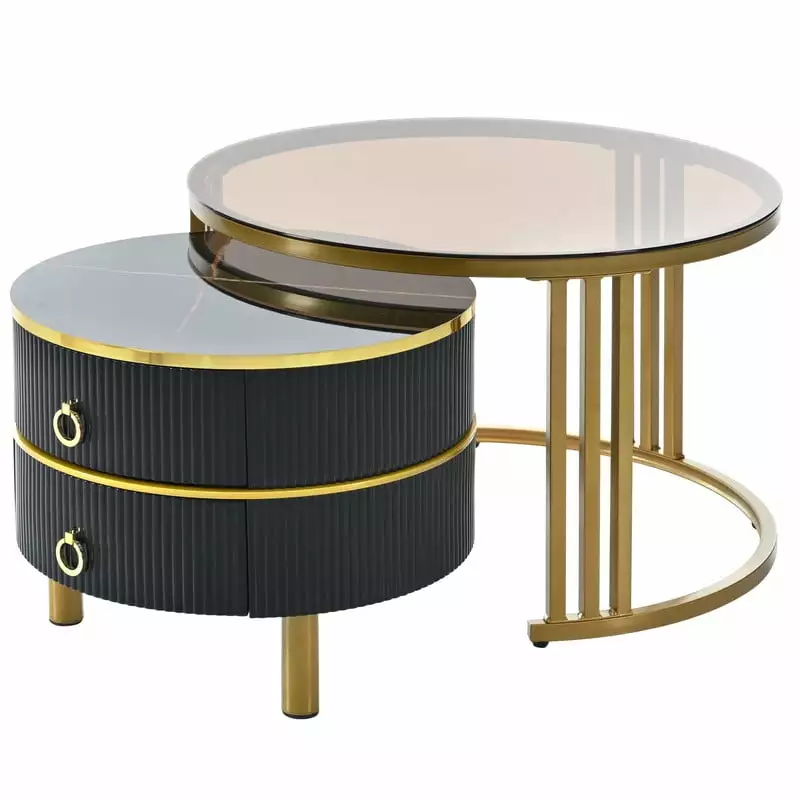 ??27.5'' ??19.6'' Stackable Coffee Table with 2 Drawers. Nesting Tables with Brown Tempered Glass and High Gloss Marble Tabletop. Set of 2. Round Center Table for Living Room. Black