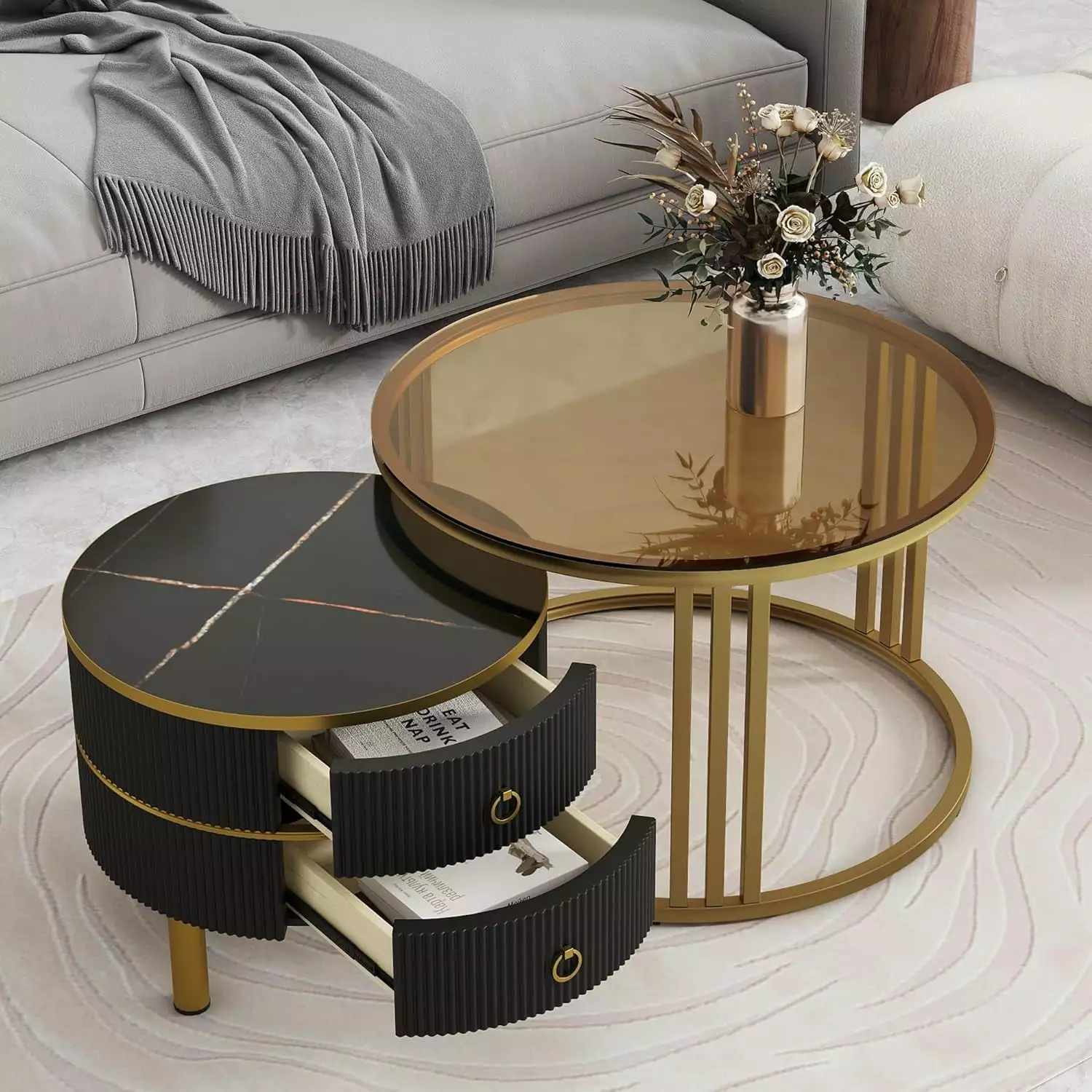 ??27.5 Round Coffee Table with 2 Drawers. Nesting Coffee Table with Brown Tempered Glass Marble Tabletop. Modern Center Table Accent Side Table Set of 2 for Living Room. Black+Gold