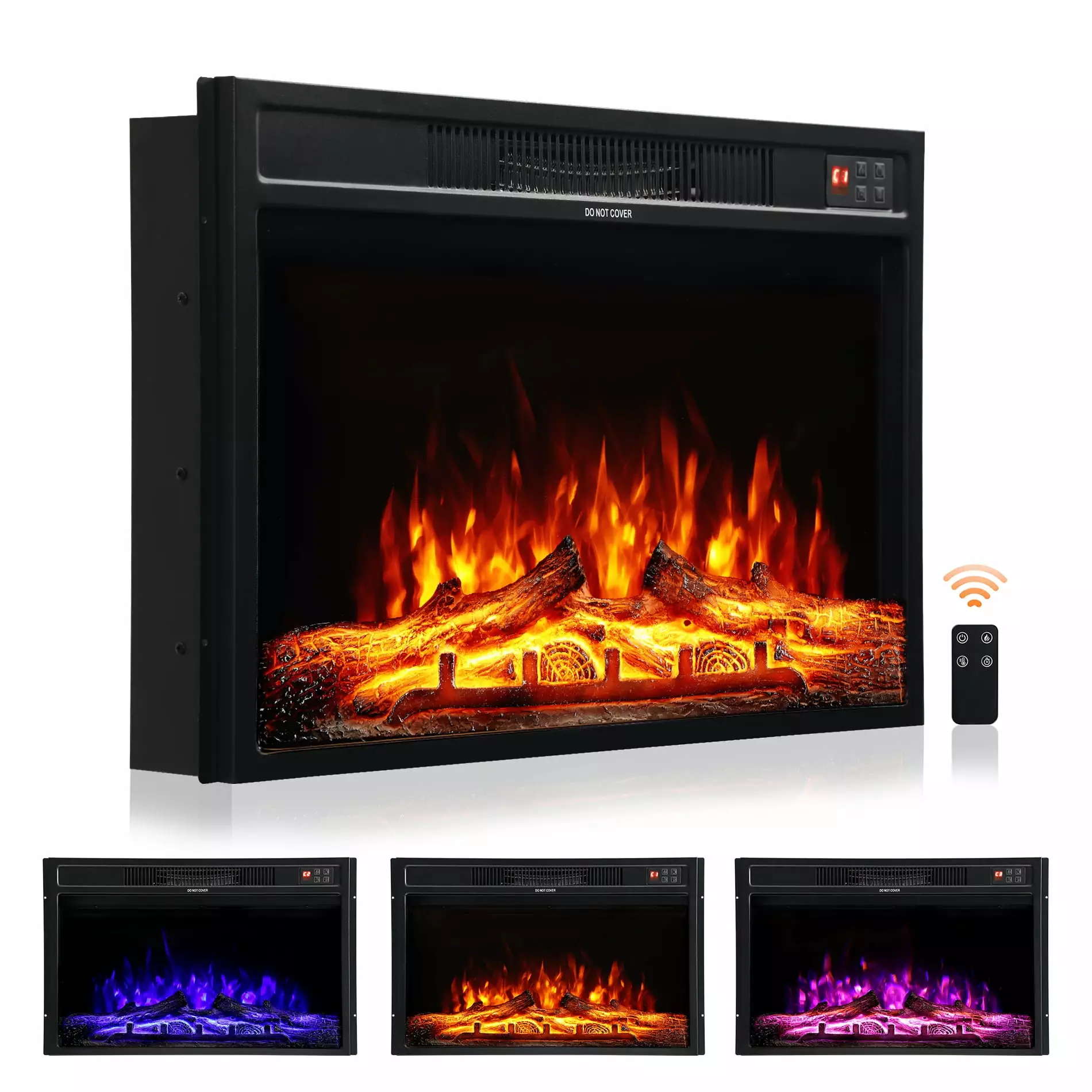 28 Inch Electric Fireplace. In-Wall Recessed with Heater. Linear Wall Fireplace with Thermostat. Adjustable Flame Color and Brightness. Remote Control with Timer. 1400W