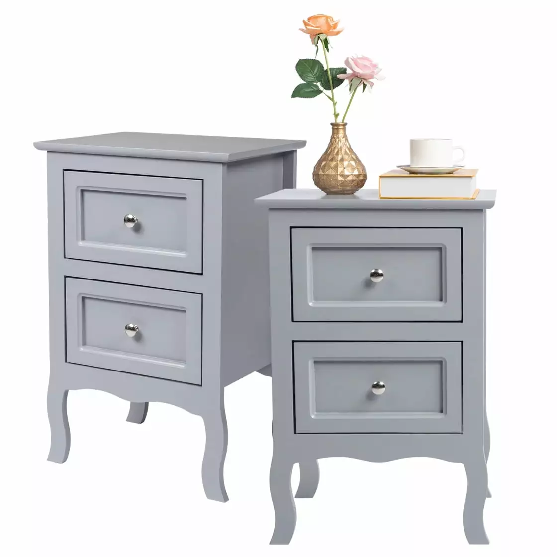 2PCs 2-Tier Nightstands.Country Style Bedside End Table with Storage Drawers.Large Size Vintage Framhouse Table with Shelf for Bedroom Living Room & Study Organizer.Grey