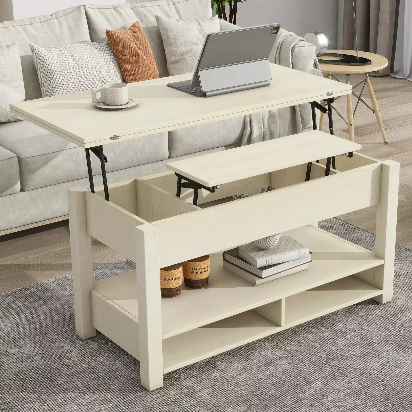 3 in 1 Lift Top Coffee Table with Open Shelves. Modern Dining Table with Foldable Tabletop. Multi-Functional Pop Up Adjustable Table for Living Room. Reception Room. Office. Rustic Ivory