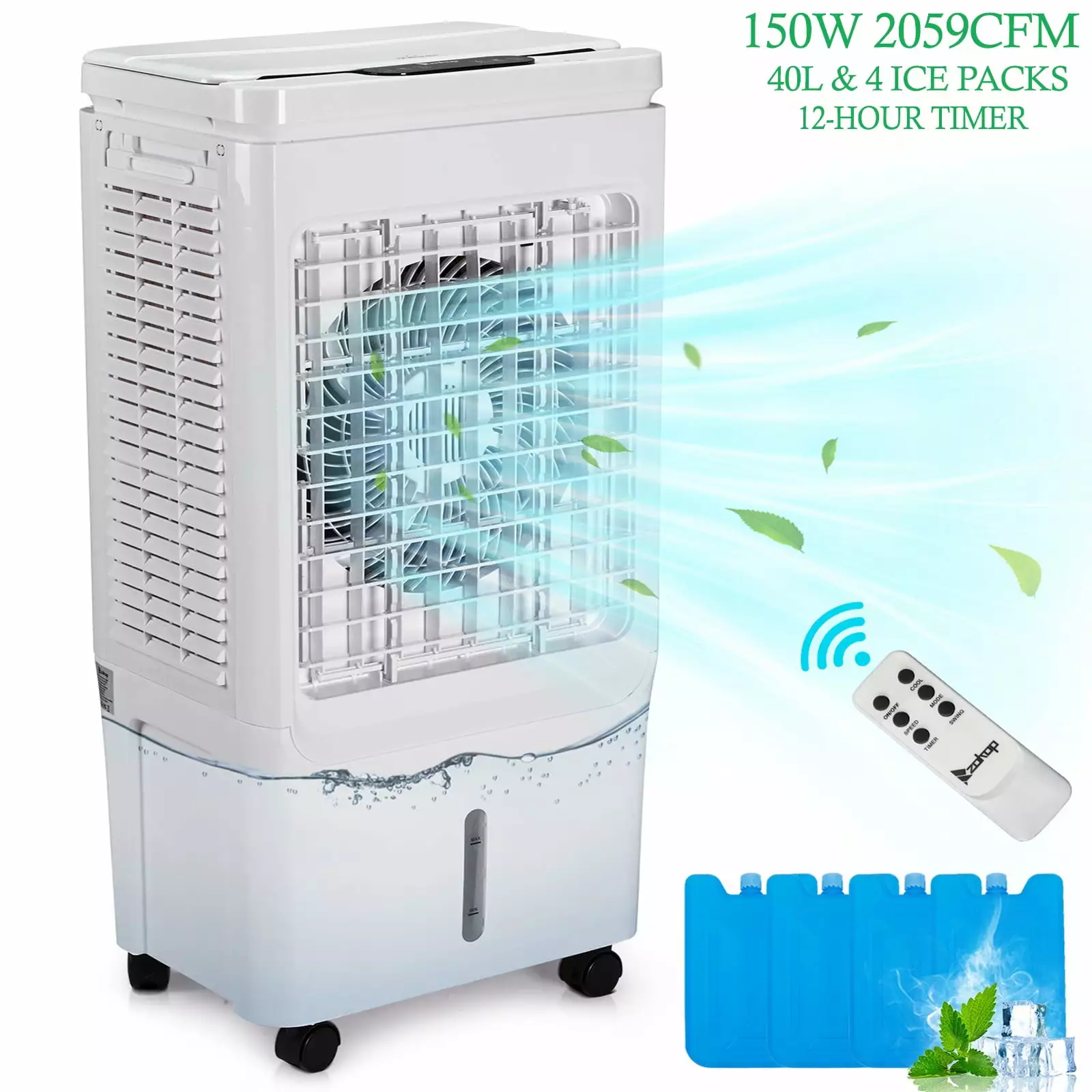 3-IN-1 Evaporative Air Cooler. 2059CFM Portable Air Cooling Fan Humidifier W/Dust Filter. Fan for Home with 40L(10.56 GAL) Water Tank 4 Ice Packs. Remote Control