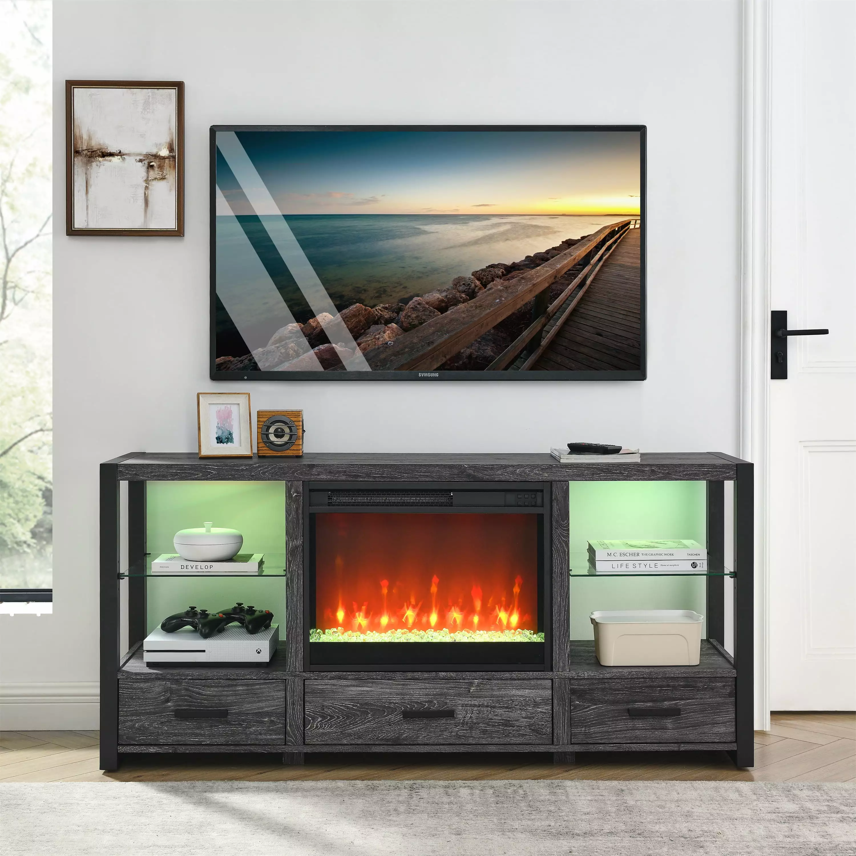 3-IN-1 Fireplace TV Stand with LED Lights. 1400W Electric Fireplace Heater Entertainment Center for 70 TVs. TV Console Cabinet W/Colorful Virtual Flame. Remote Control. Dark Oak