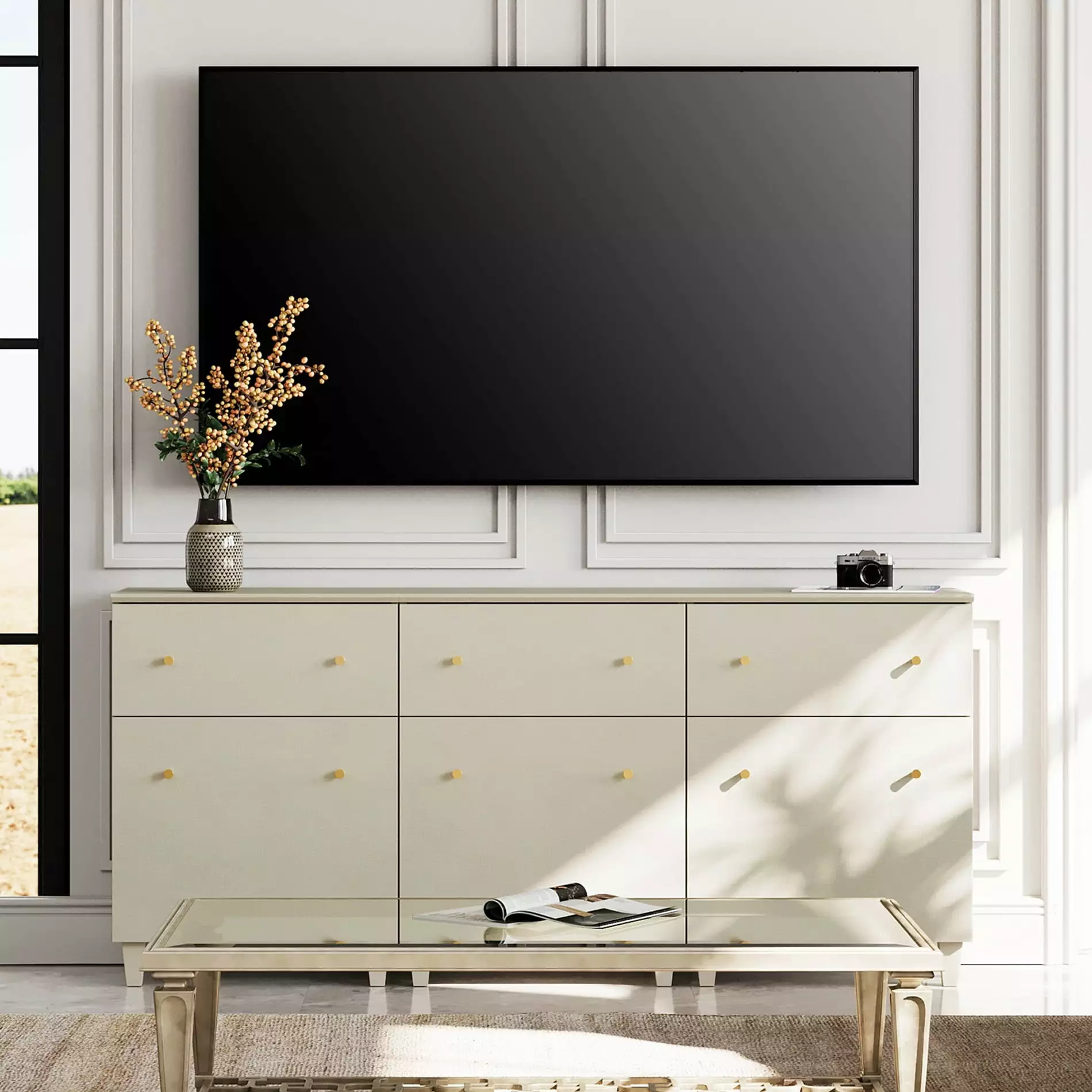 3-in-1 TV Cabinet Stands for 50/65/75 Inch TVs. Beige Wooden Entertainment Center with 2 Drawers and Doors. Modern Media Console Table with Storage for Living Room. Bedroom. 3 Packs. 70.8x15.3x32.4