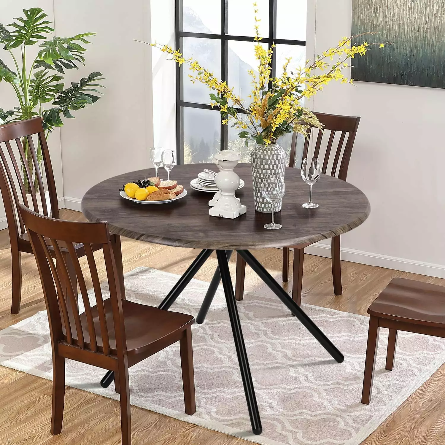 31.5 Round Dining Table for 2-4 People. Vintage Wood Kitchen Table with Unique Intersecting Pedestal Base and Metal Legs for Home Office Living Room Kitchen