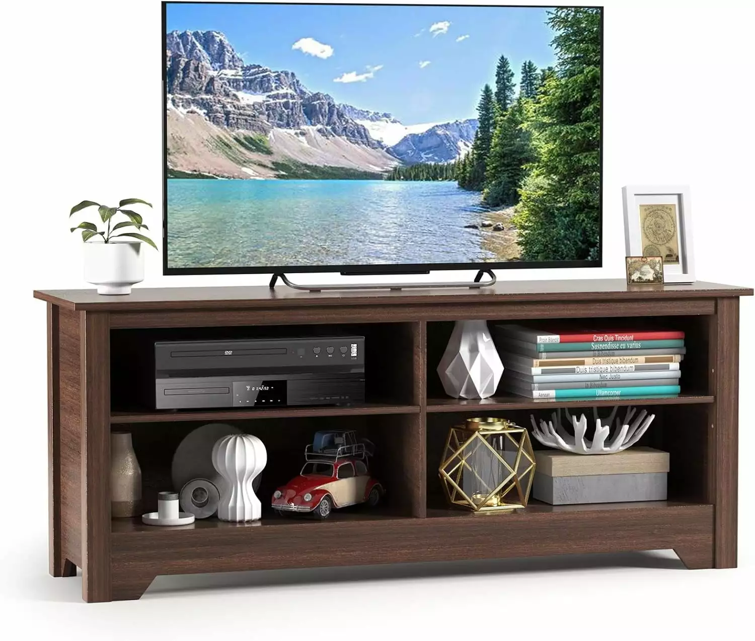 4 Cubby TV Stand. Wood TV Stand for TVs up to 65 Inch. Farmhouse Media Console Cabinet Entertainment Center w/Cable Management Holes Adjustable Shelf. for Living Room Bedroom