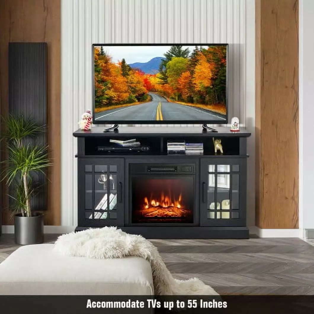 48 Inch Electric Fireplace TV Stand with Cabinets for TVs Up to 55 Inch Black