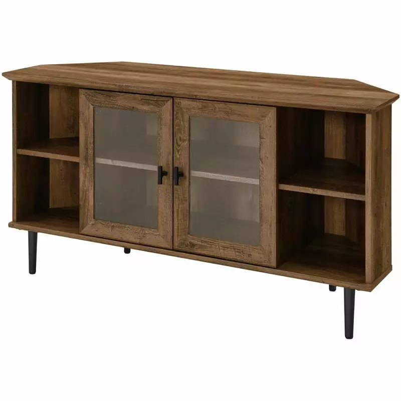 48 Simple Glass Door Corner TV Console with 4-Cubbies in Rustic Oak