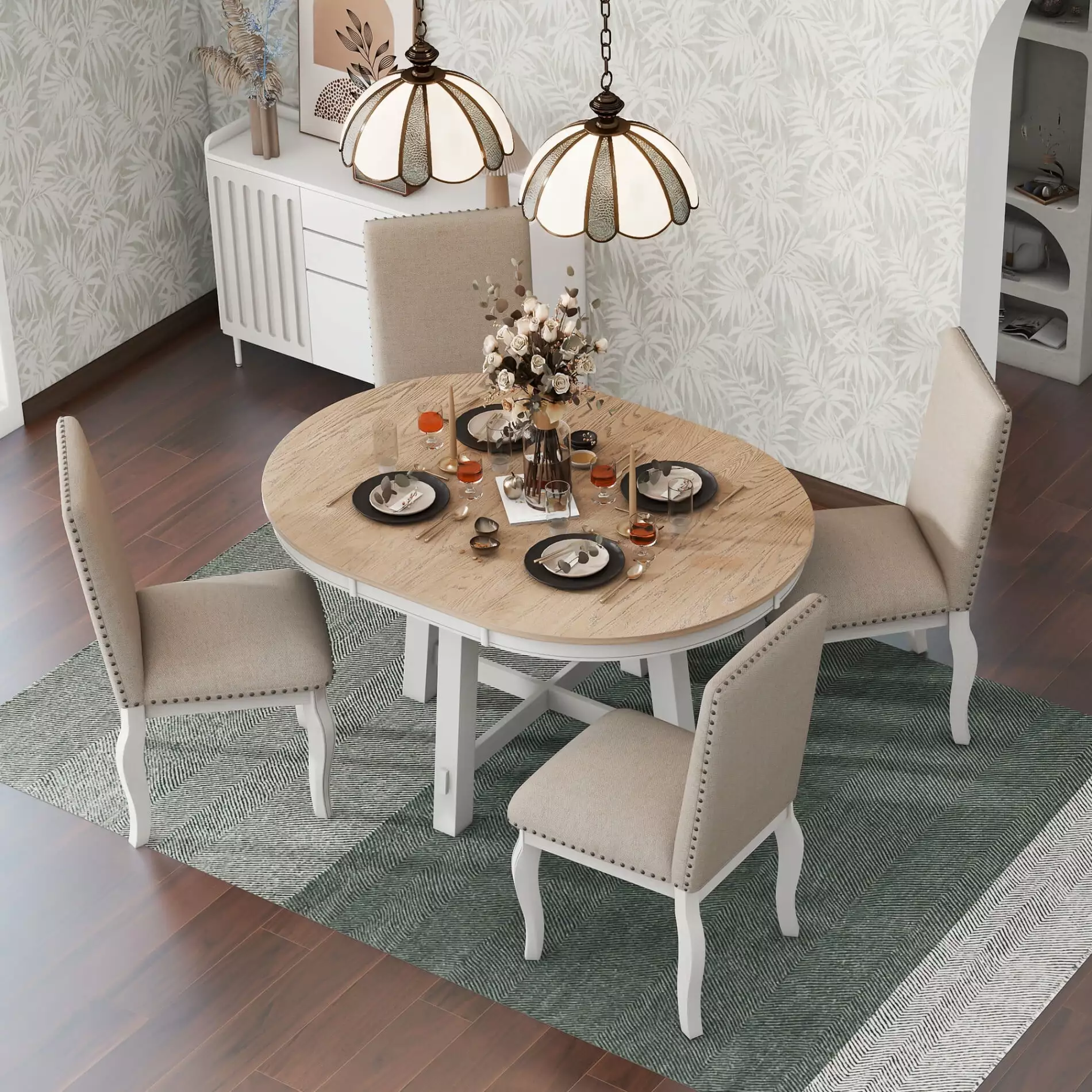 5 PCS Round Dining Table Set with 4 Upholstered Chairs. 42-58 Extendable Dining Table with Wooden Legs. Farmhouse Kitchen Table Furniture Set for Dining Room Kitchen