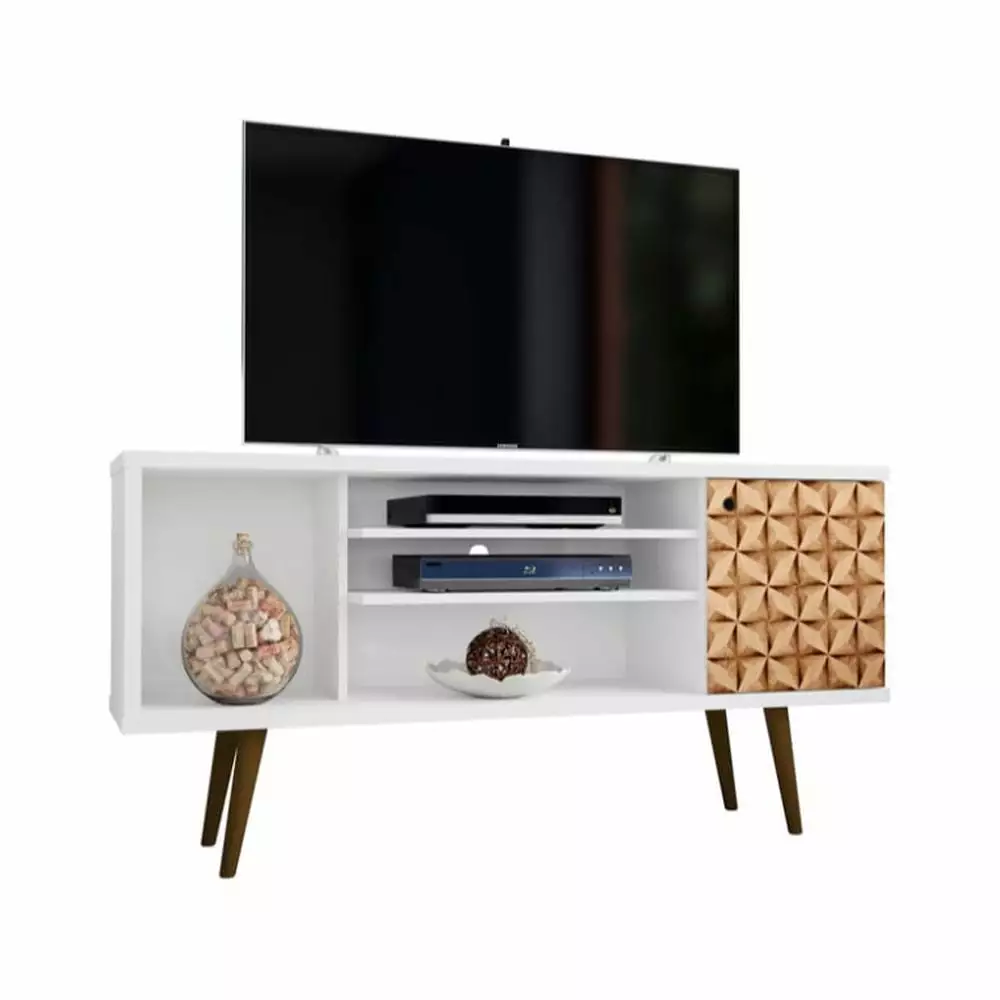 53.14 Mid Century - Modern TV Stand with 5 Shelves and 1 Door. White and Brown