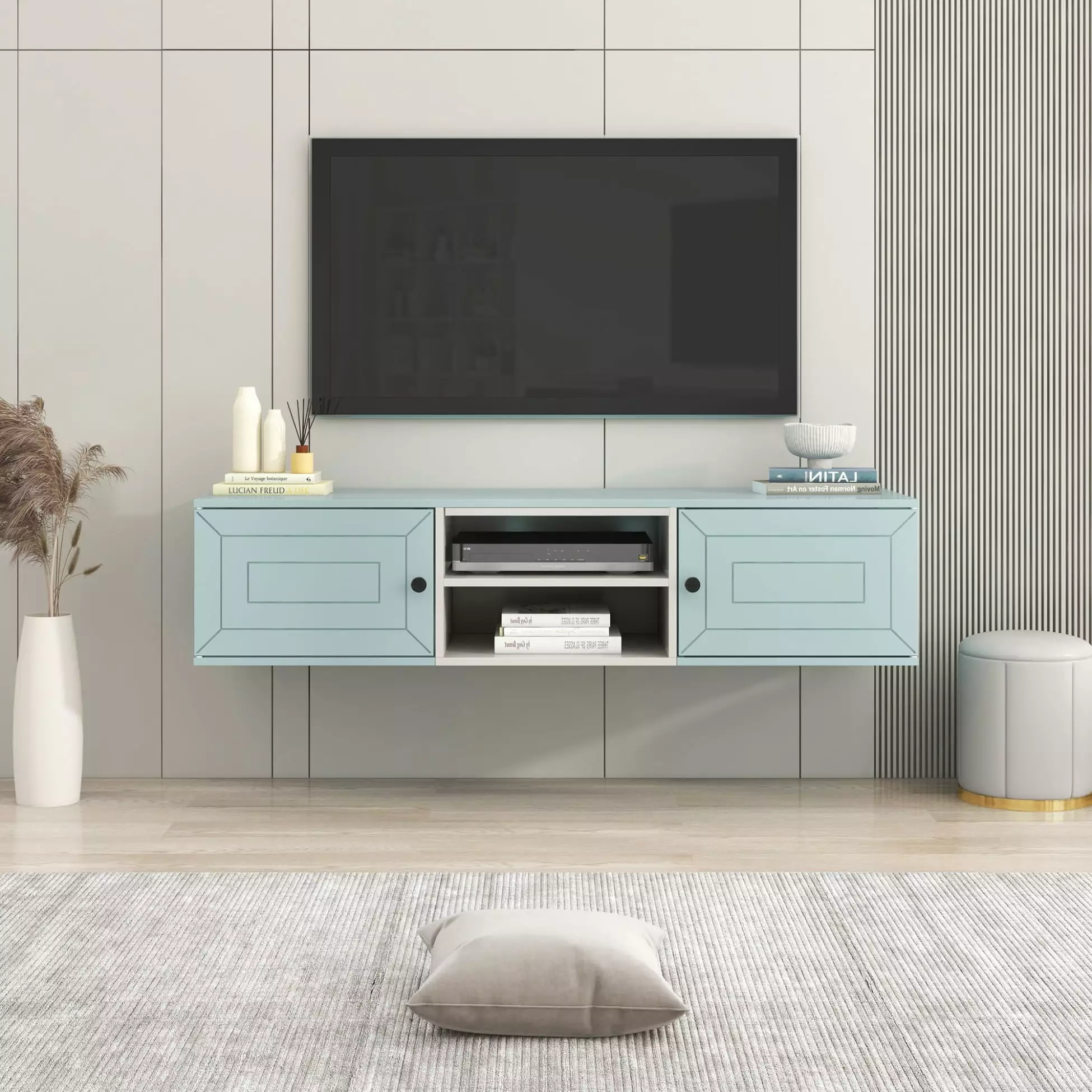 53 Floating TV Stand. Wall Mounted TV Stand with Adjustable Shelf and 2 Storage Cabinets. Media Console with Magnet Door for Living Room Bedroom (Light Blue)