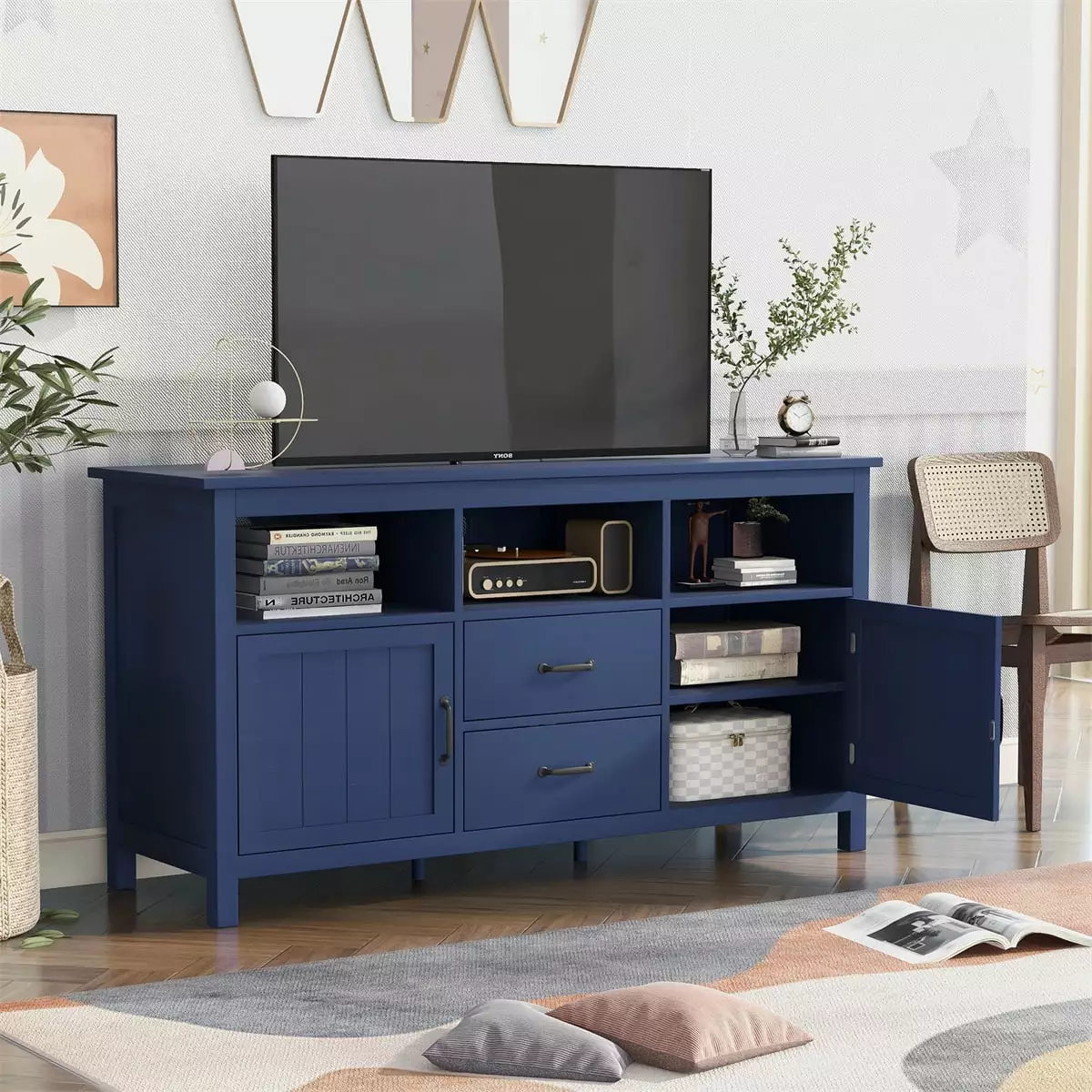 57 Length TV Stand Mid Century Modern TV Stand. Navy TV Stand with 2 Doors and 2 Drawers. Space Saver Rectangle TV Stand with 3 Open Shelves. Sideboard for Living Room