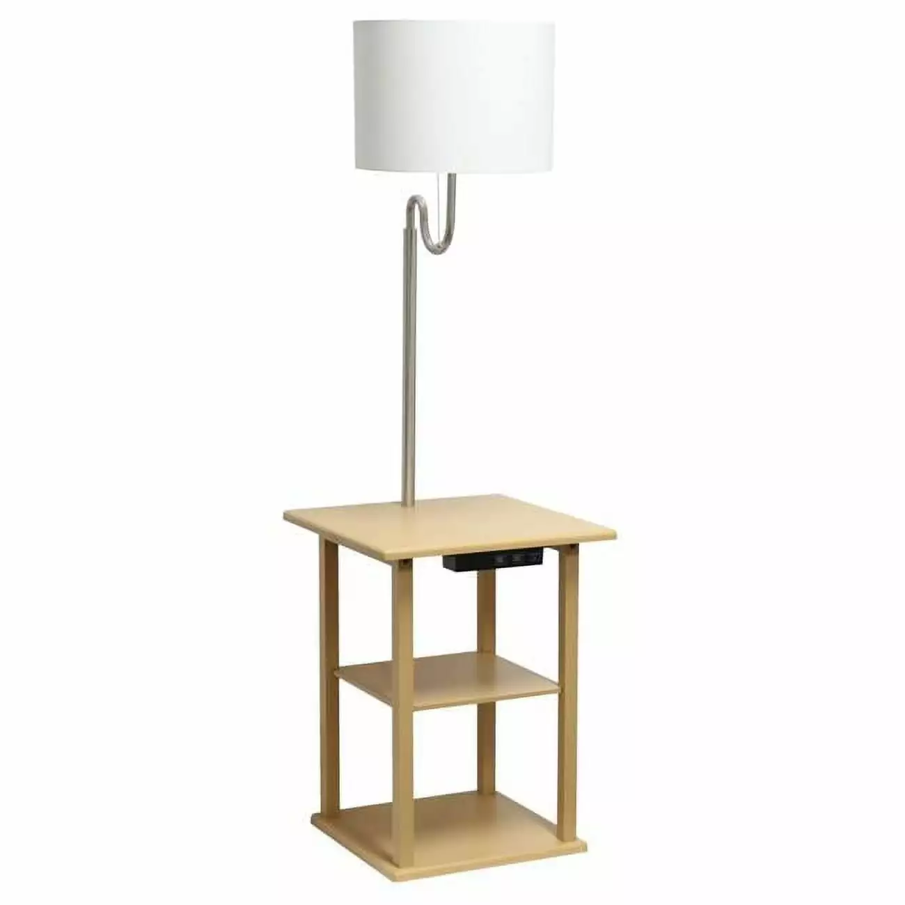 57 in. Modern 2 Tier End Table & White Drum Fabric Shade Floor Lamp with 2 x USB Charging Ports & Power Outlet. Tan