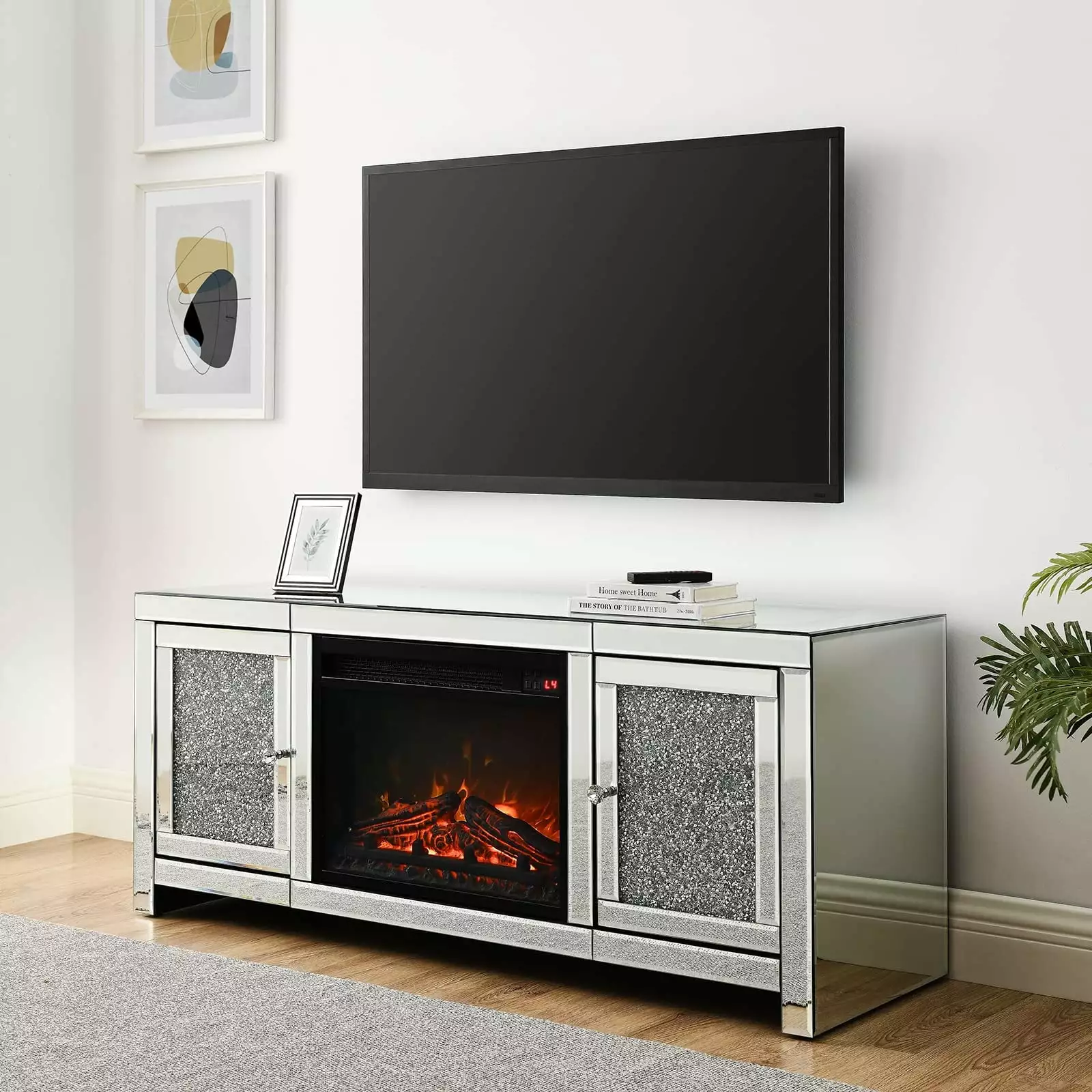 57inch Electric Fireplace TV Stand for TVs up to 65. Modern Mirrored TV Console with 2 Storage Cabinet. 7 Flame Colors Home Entertainment Center TV Table for Living Room No Assembly Needed. Sliver