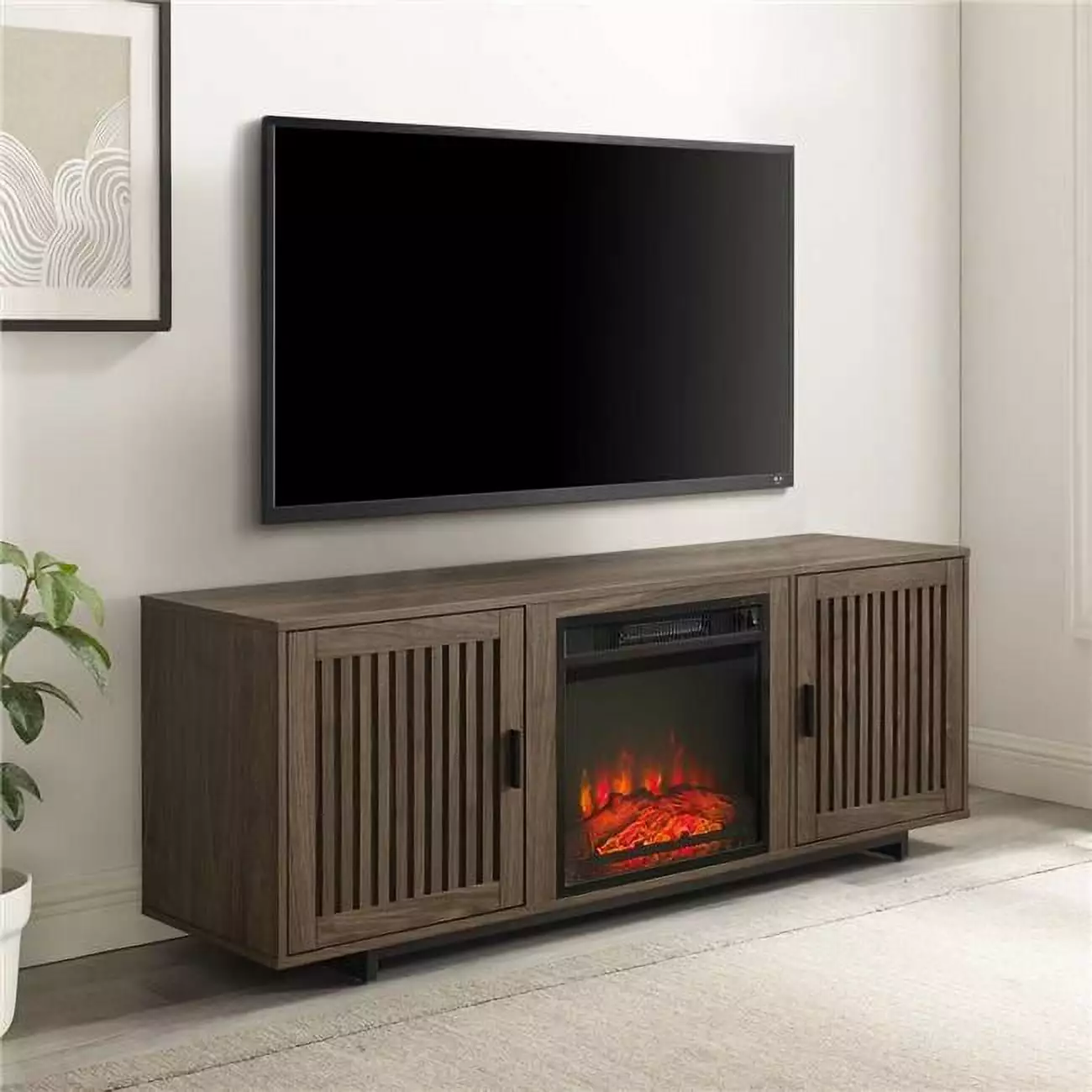 58 in. Silas Low Profile TV Stand with Fireplace. Walnut