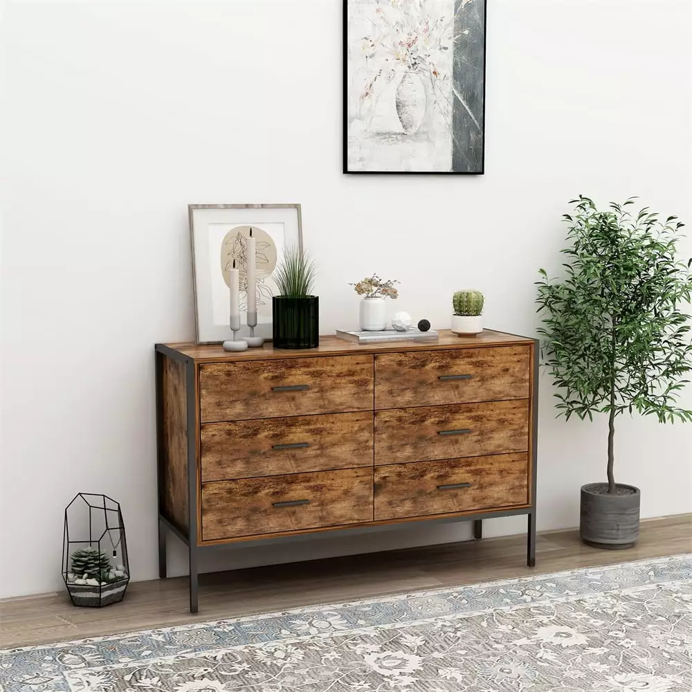 6 Drawer Double Dresser. Rustic Brown Wood Storage Dresser with Sturdy Steel Frame. Industrial Style Chest with 6 Drawer. Storage Cabinet for Bedroom. Living Room and Hallway