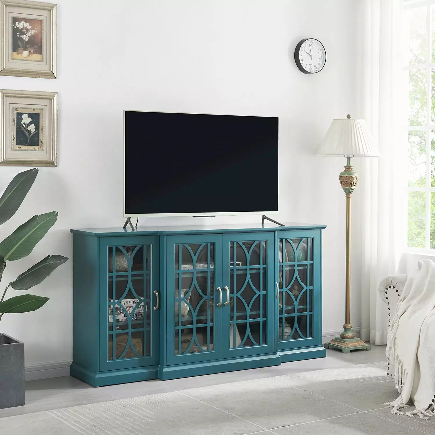 63 TV Stand. Sideboard Buffet for TVs up to 65. Storage Cabinet Credenza. Slatted Media Console for Living Room. Wooden Furniture for Living Room Bedroom - Teal Blue