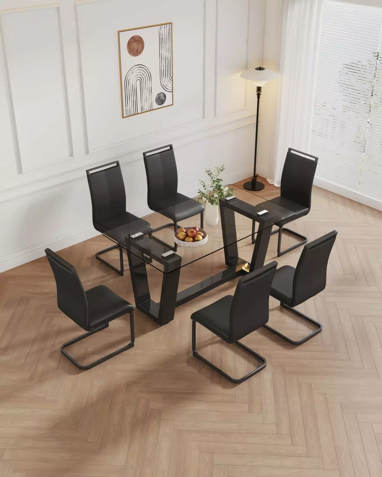 7 Piece Dining Table and Chair Set. Tempered Glass Table and 6 High Back Kitchen Chairs with Metal Legs. Accent Side Table and Armless Chair Sets for Living Room. Dining Room. Office. Black