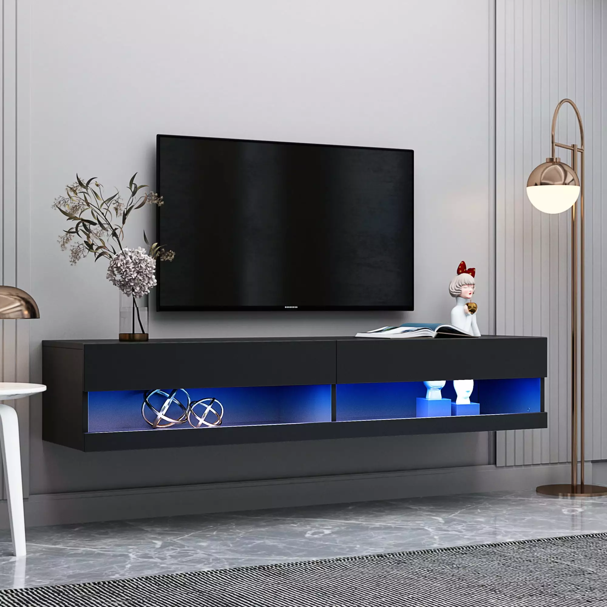 70 LED Floating TV Cabinet. Wall Mounted Modern TV Stand for 80 Inch TV. Living Room Bedroom Media Furniture Under TV Console. Black