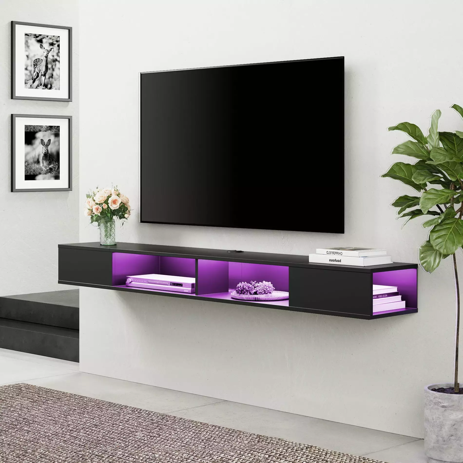 70 inch Floating TV Stand with RGB Light for Living Room. Black