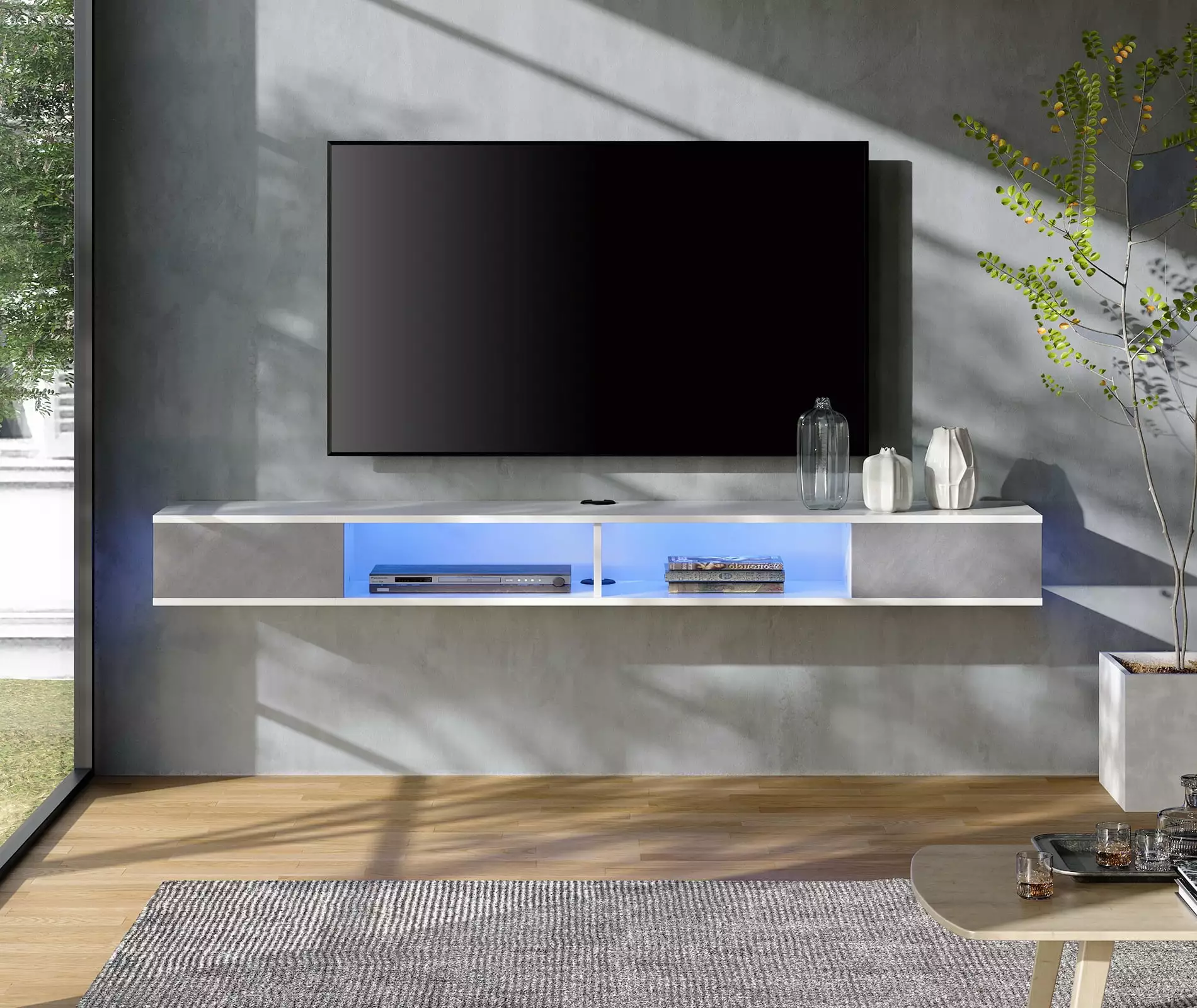 70in TV Stand Blue Lights. Entertainment Center Media Console. Wall Mounted Shelf Media Console Cabinet