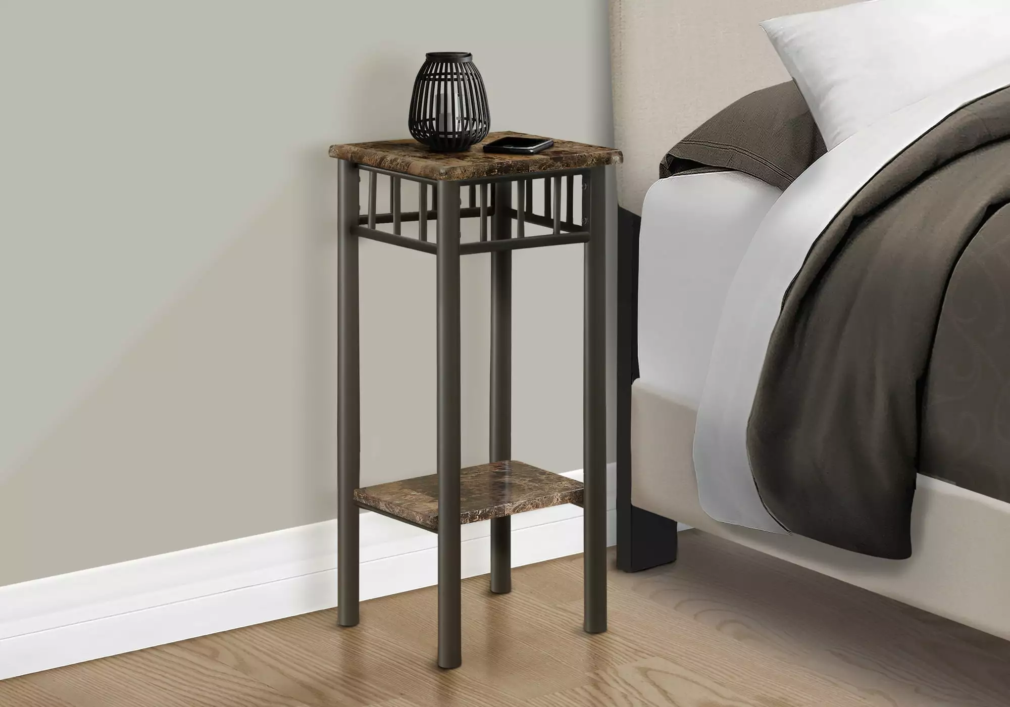 Accent Table Side End Square Living Room Bedroom Metal Brown Marble Look