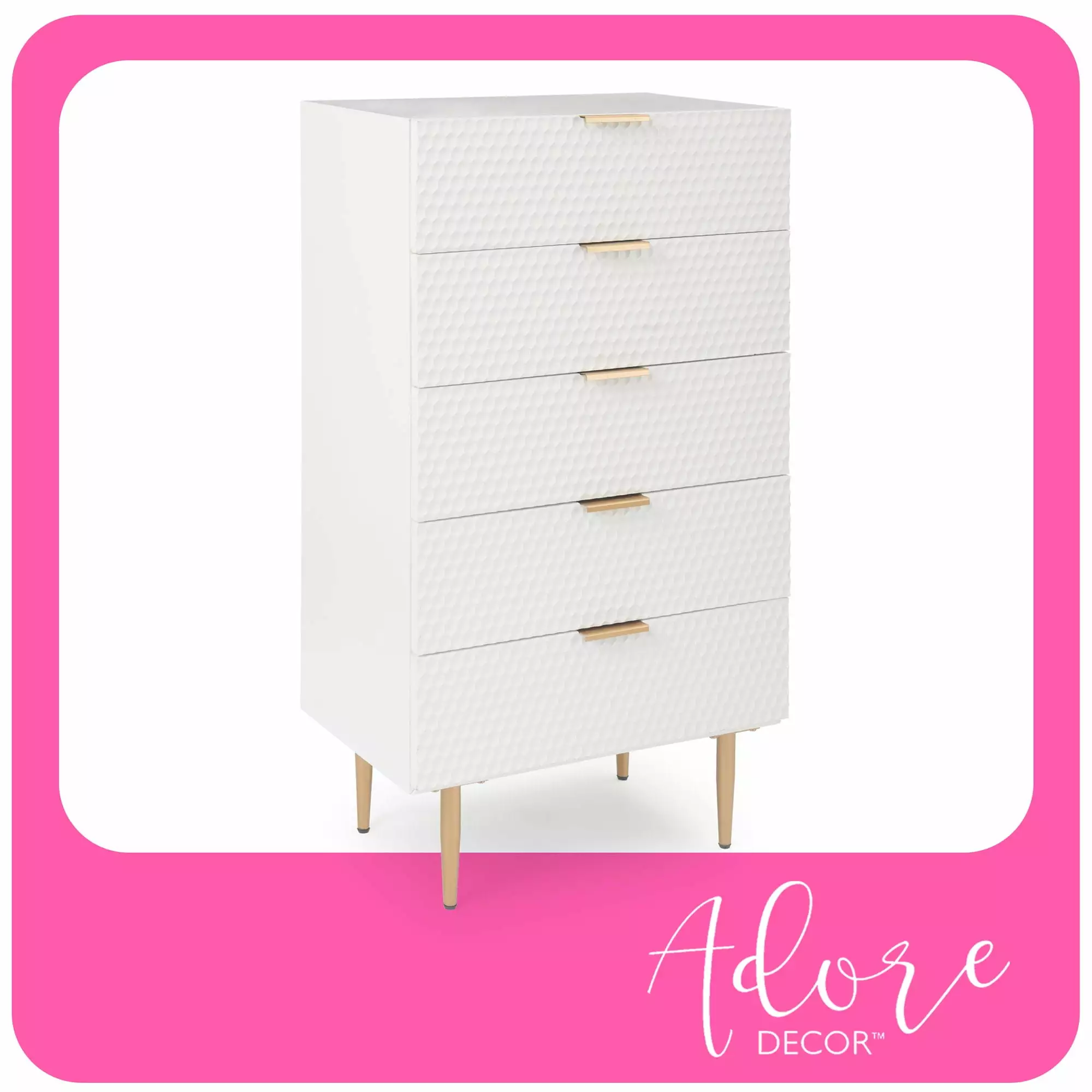 Adore Decor Jolie 5 Drawer Tallboy Dresser Chest with Storage. White