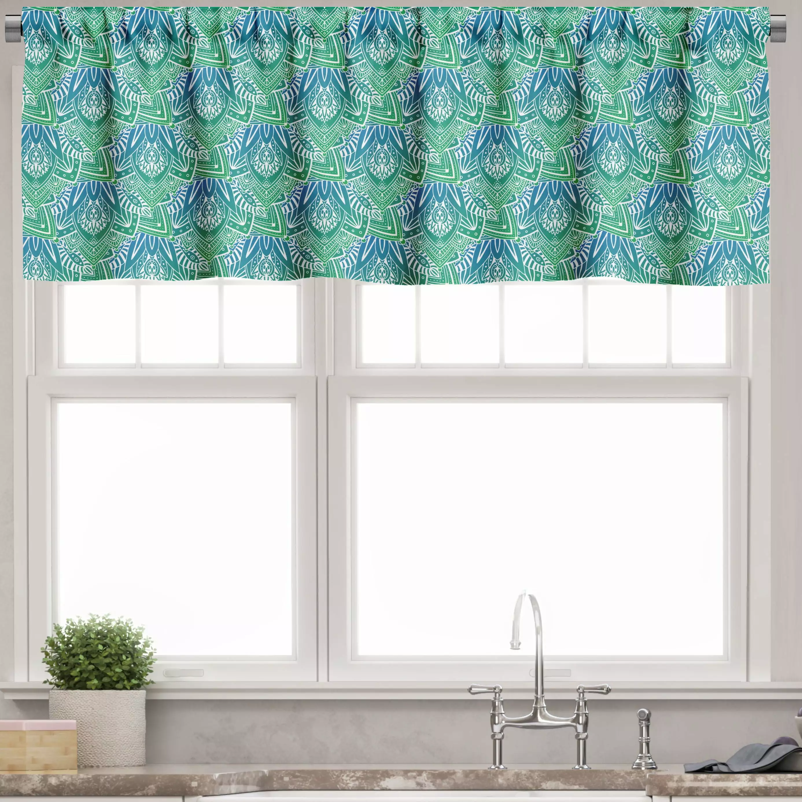 Ambesonne Abstract Window Valance. Ornamental Orient Motifs. 54 X 18. Sea Blue Jade Green