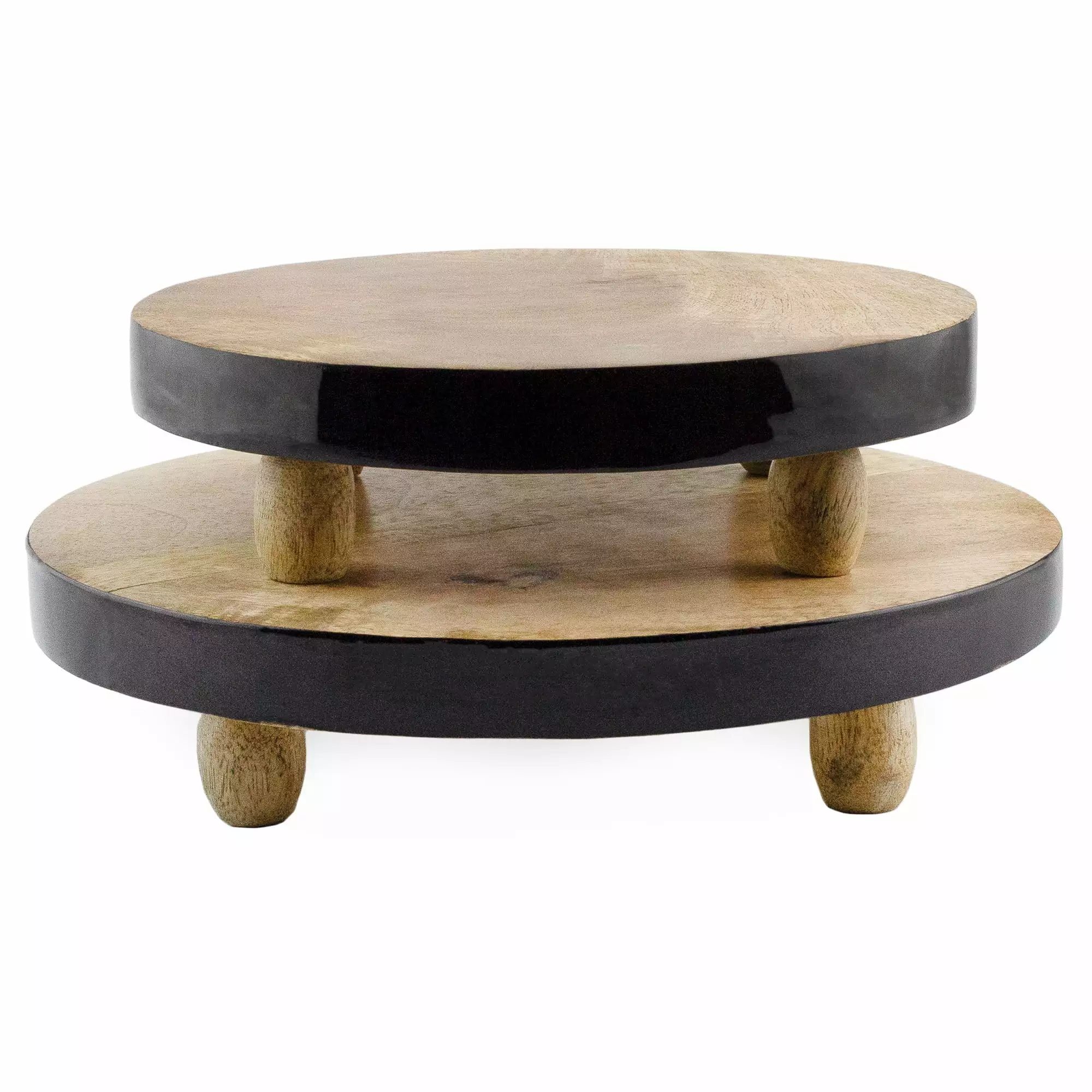 AuldHome Farmhouse Round Wooden Risers (Set of 2. Black Trim). Rustic Decorative Risers for Display with Natural Mango Wood and Enamel Trim