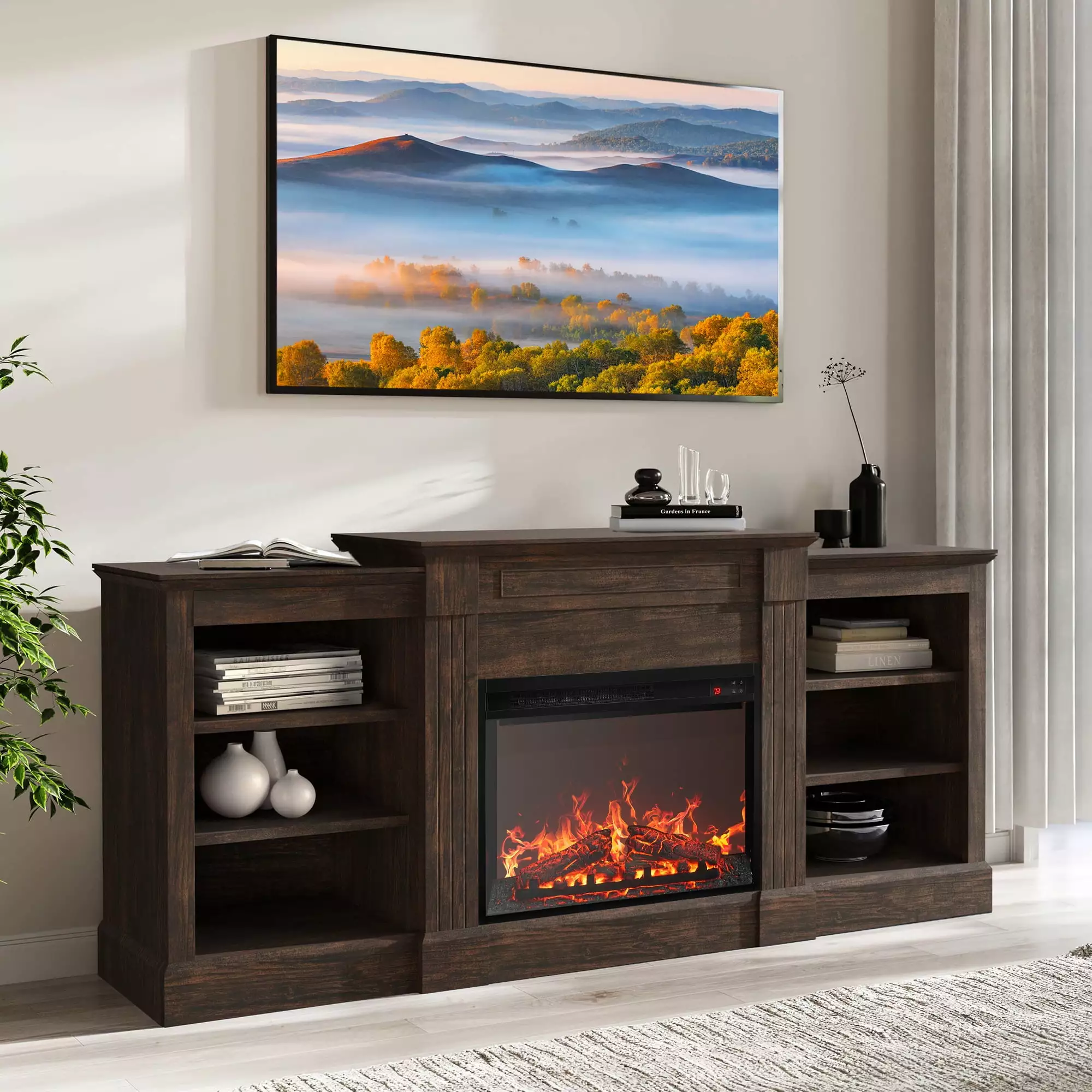 BELLEZE 66 Mantel TV Stand Entertainment Center For TVs up to 66 with 23 Fireplace - Lenore (Brown)