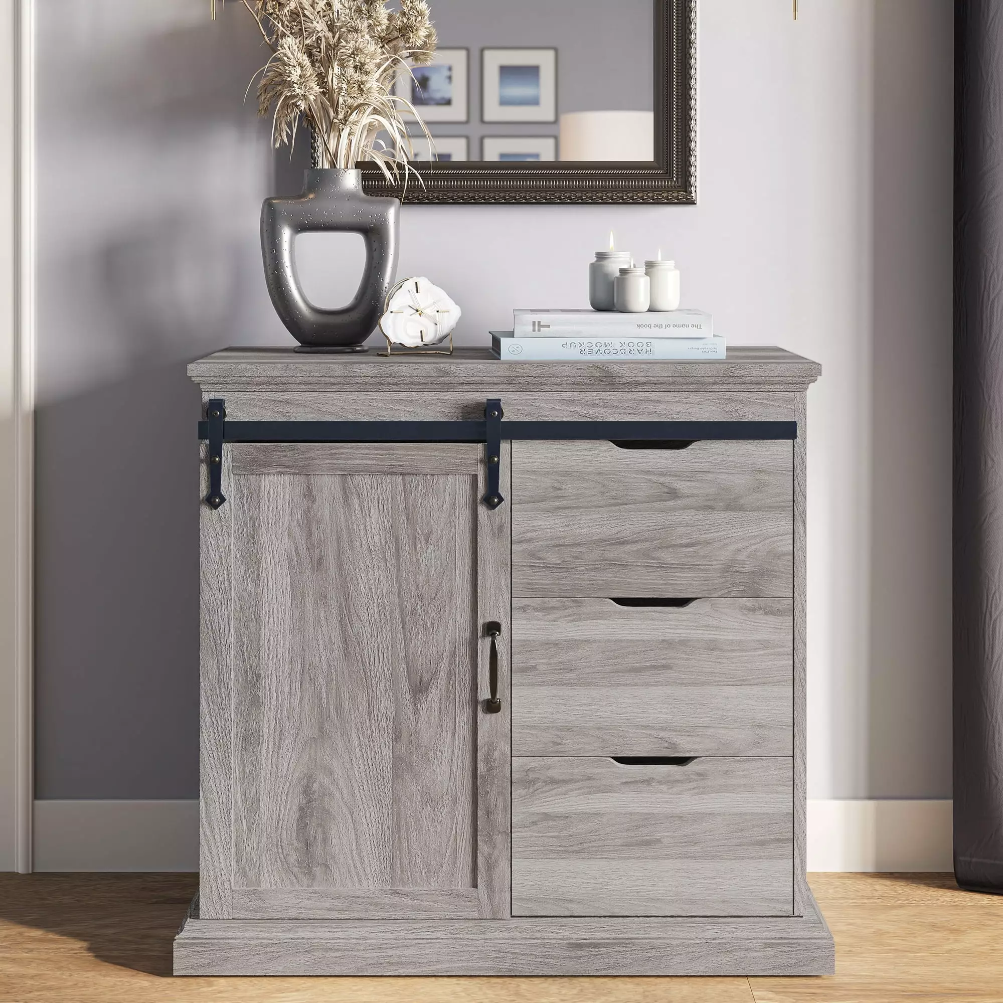 BELLEZE Modern Farmhouse Buffet Table With Sliding Barn Door. Three Drawers Two Shelves. Space Saving Kitchen. Living Room Or Bar Storage Cabinet - Ashford (Gray Wash)