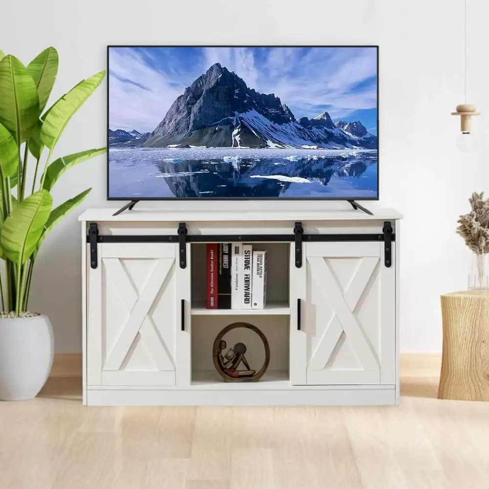 Barn Door Corner TV Stand for TVs up to 55. White