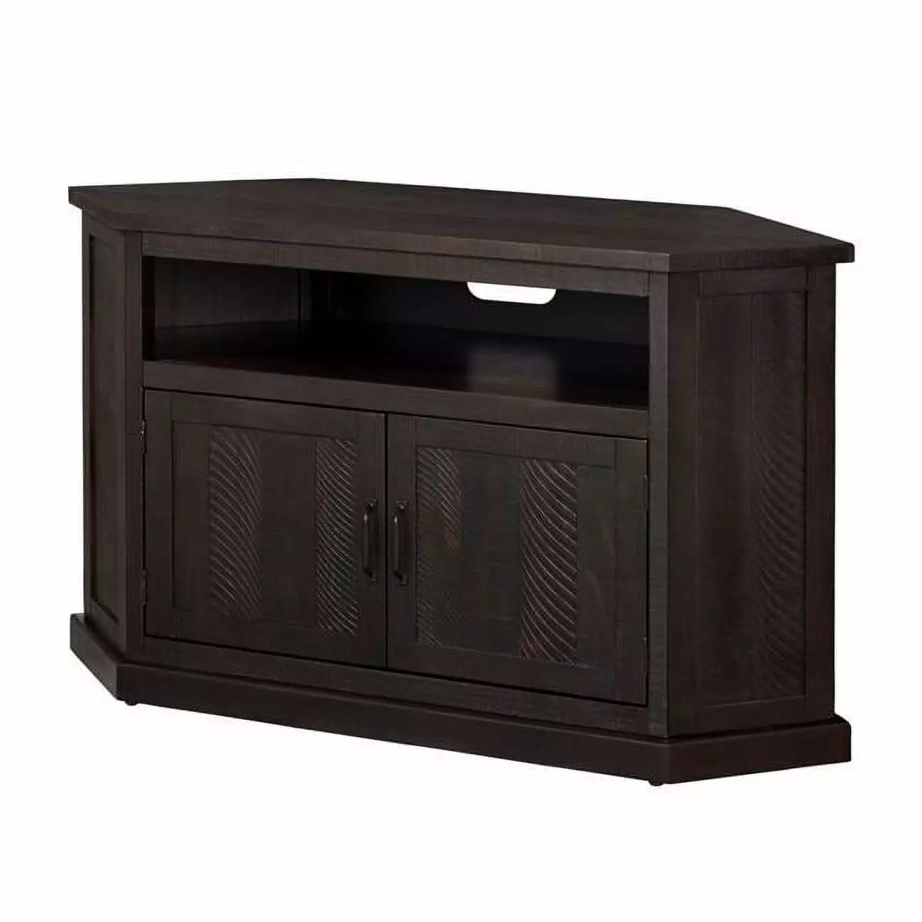 Benzara BM205964 Rustic Wooden Corner TV Stand with 2 Door Cabinet. Espresso Brown