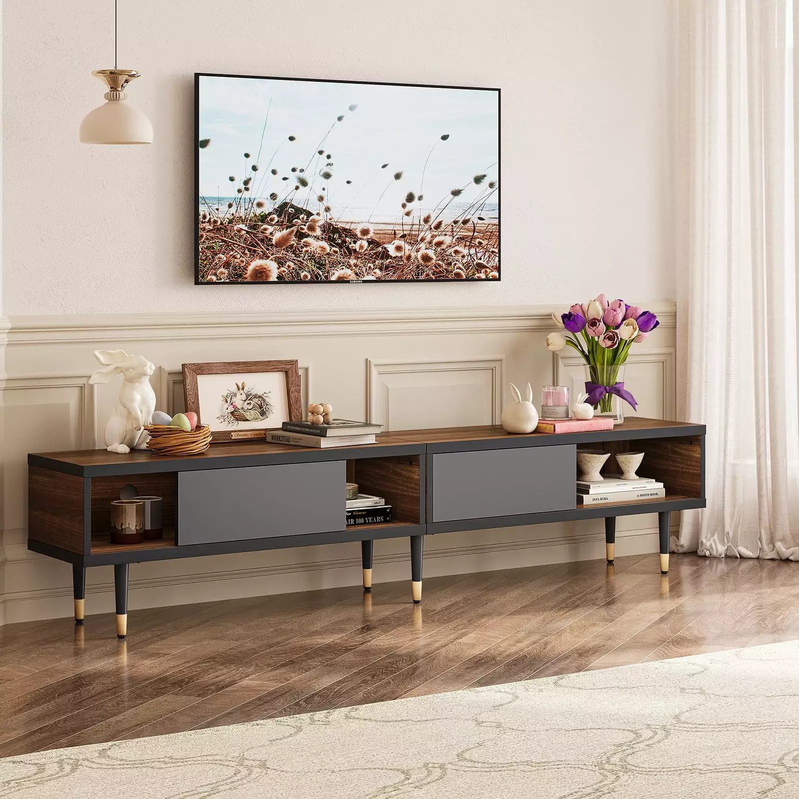 Bestier Mid Century Modern TV Stand Entertainment Center for TVs up to 85 with Storage and Sliding Doors in Ancona Walnut