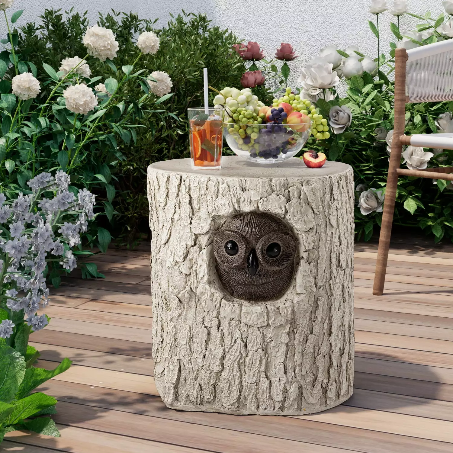 COSIEST Outdoor Hand-Painted Beige Wood Stump Stool w Sculpted Owl