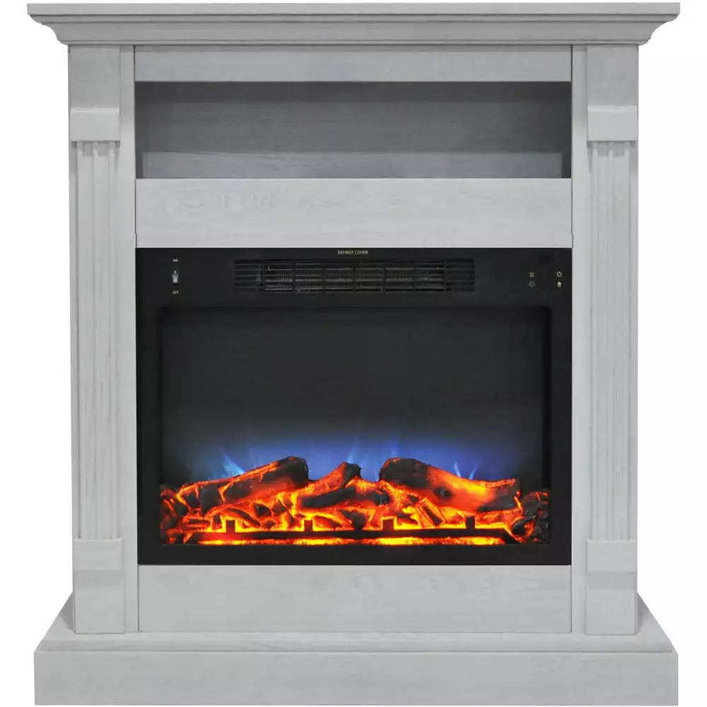 Cambridge Sienna 34 Freestanding White Mantel Electric Fireplace Heater with Realistic Multi-Color LED Flames Log Insert | Heater For Rooms up to 210 Sq.Ft. with Storage Shelf Remote Control