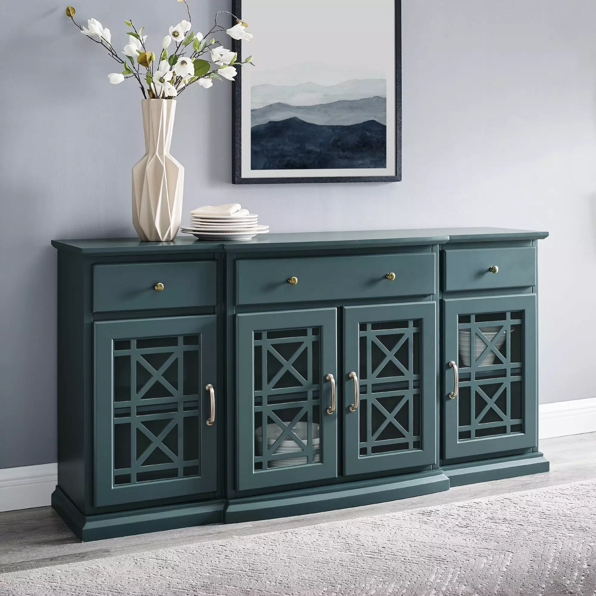 Classic Tiered-Front Glass Door Dark Teal Fretwork Sideboard by Walker Edison