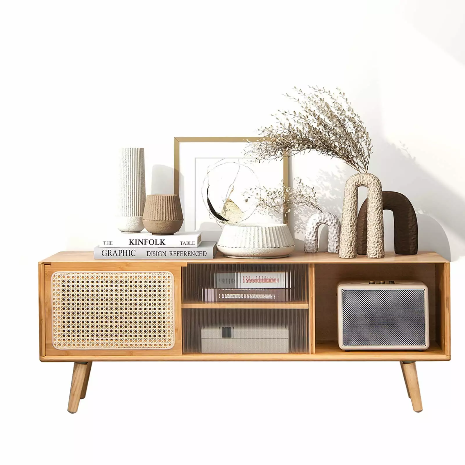 Coelon Mid Century Modern TV Stand for TVs up to 55''. Bamboo Entertainment Center w/Rattan Natural