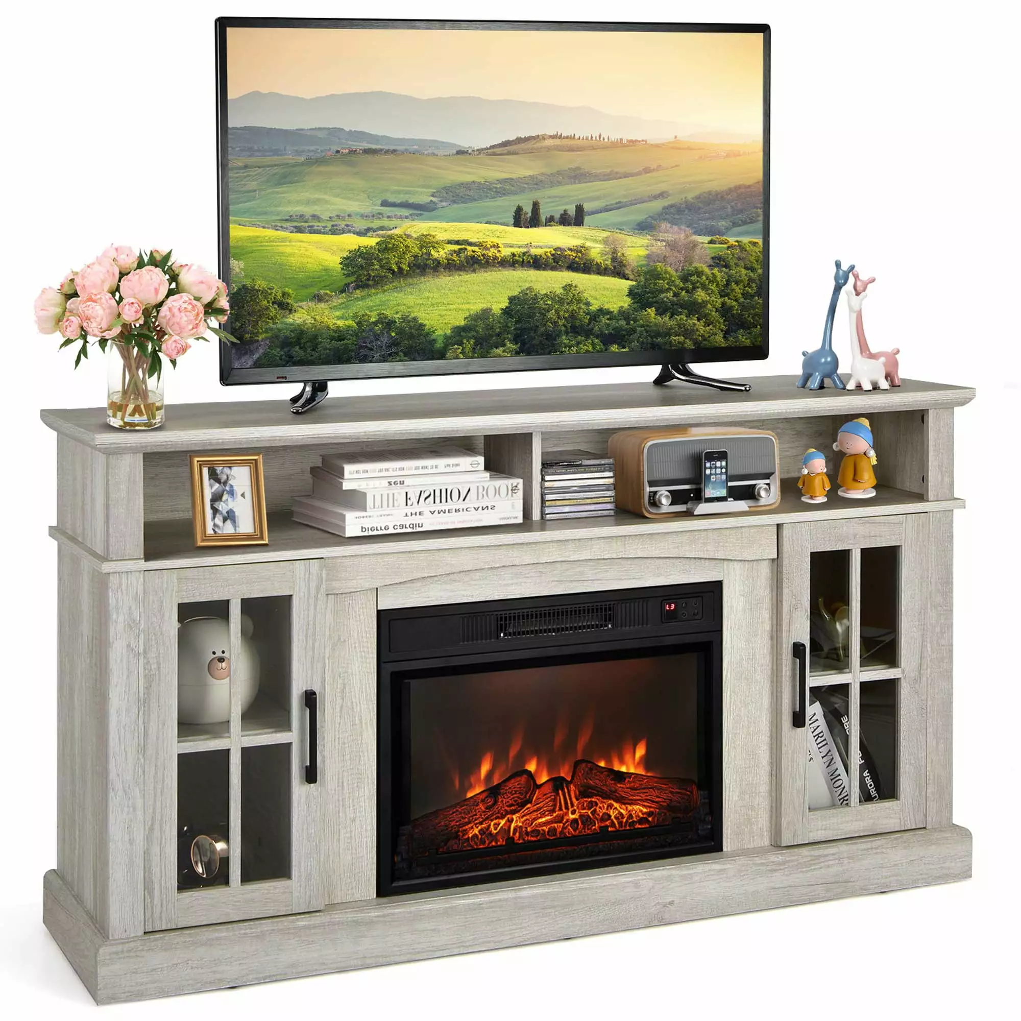 Costway 58 Fireplace TV Stand W/ 1400W Electric Fireplace for TVs up to 65 Inches Grey